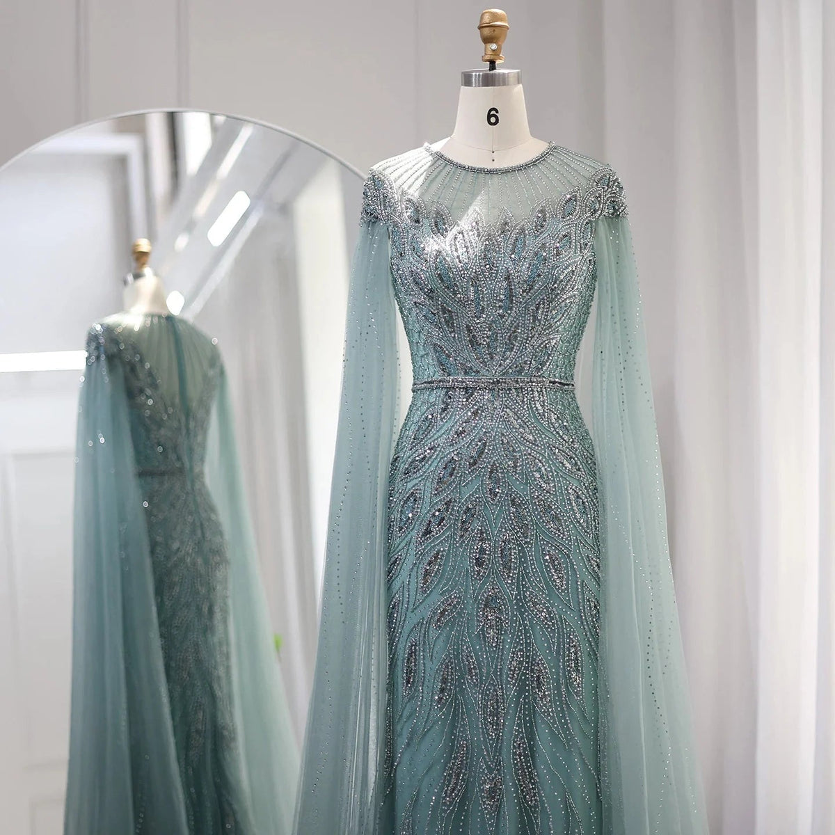 Luxury Arabic Blue Mermaid Evening Dress with Cape Sleeves Sage Green Gold Dubai Women Wedding Party Gowns SS009