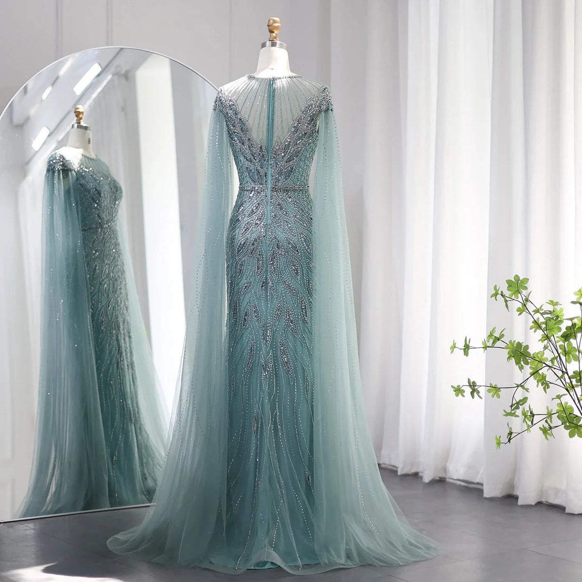 Luxury Arabic Blue Mermaid Evening Dress with Cape Sleeves Sage Green Gold Dubai Women Wedding Party Gowns SS009