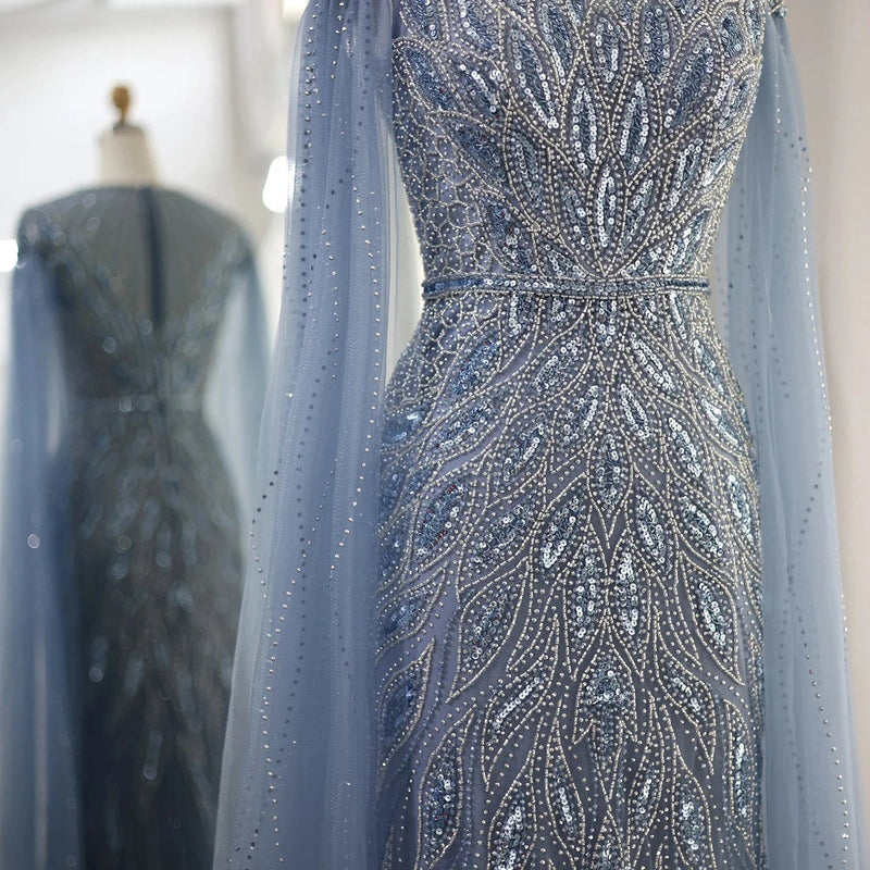 Luxury Arabic Blue Mermaid Evening Dress with Cape Sleeves Sage Green Gold Dubai Women Wedding Party Gowns SS009