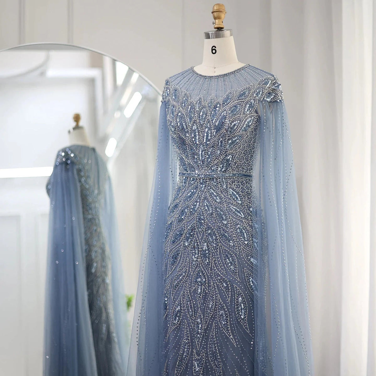 Luxury Arabic Blue Mermaid Evening Dress with Cape Sleeves Sage Green Gold Dubai Women Wedding Party Gowns SS009