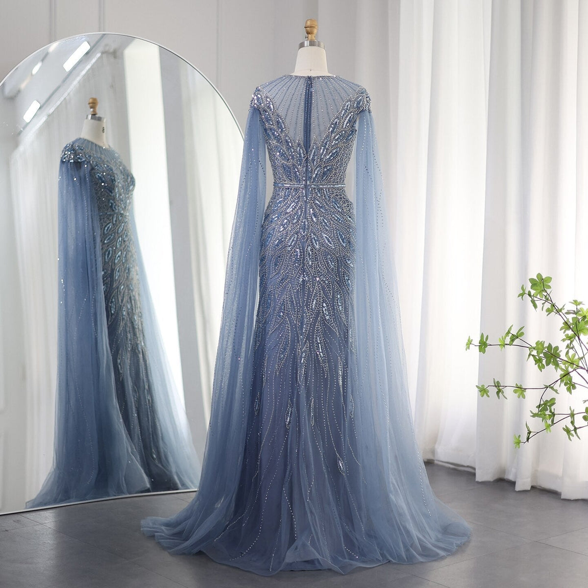 Luxury Arabic Blue Mermaid Evening Dress with Cape Sleeves Sage Green Gold Dubai Women Wedding Party Gowns SS009