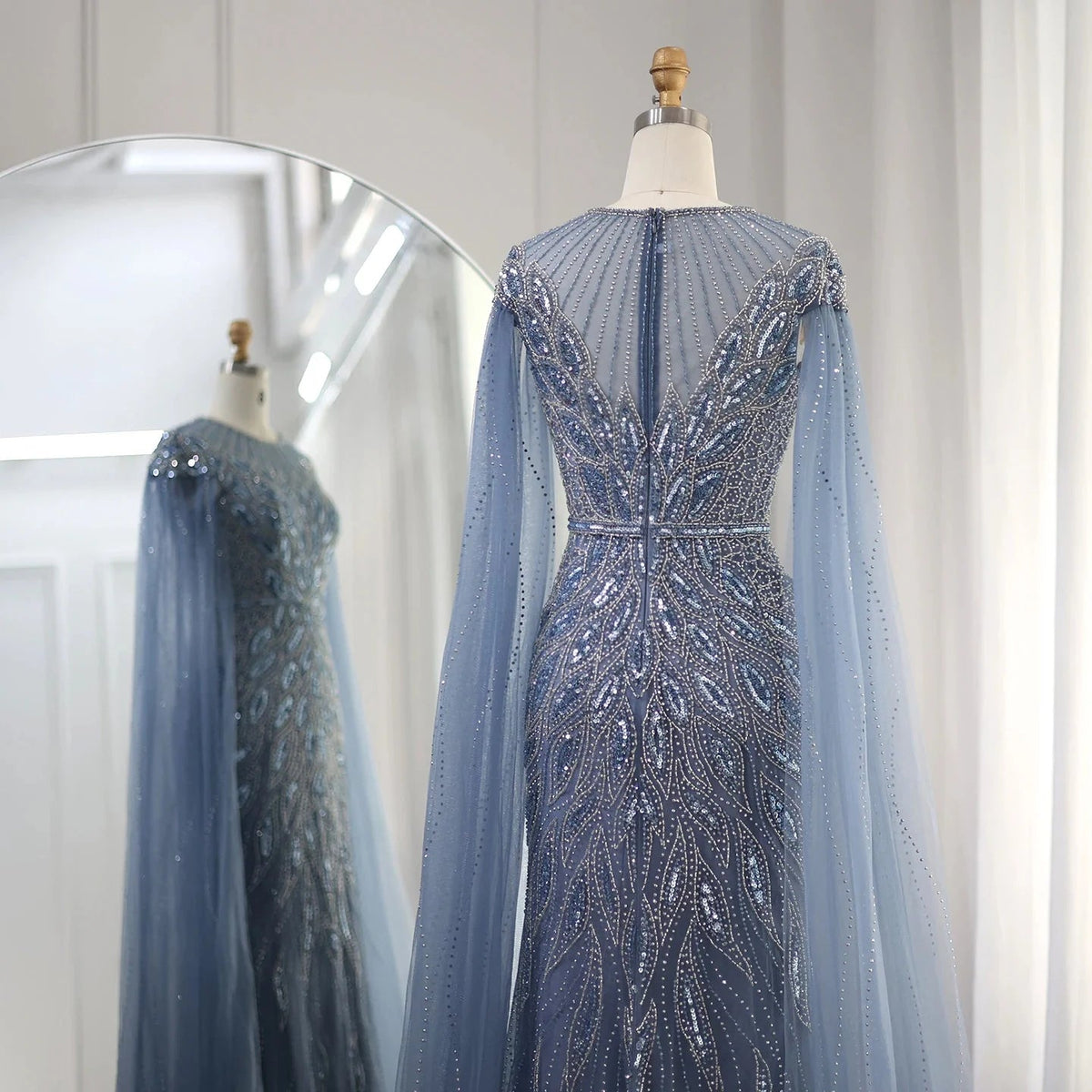 Luxury Arabic Blue Mermaid Evening Dress with Cape Sleeves Sage Green Gold Dubai Women Wedding Party Gowns SS009