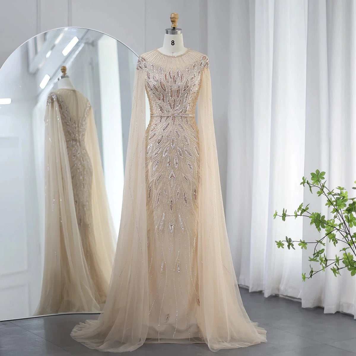 Luxury Arabic Blue Mermaid Evening Dress with Cape Sleeves Sage Green Gold Dubai Women Wedding Party Gowns SS009