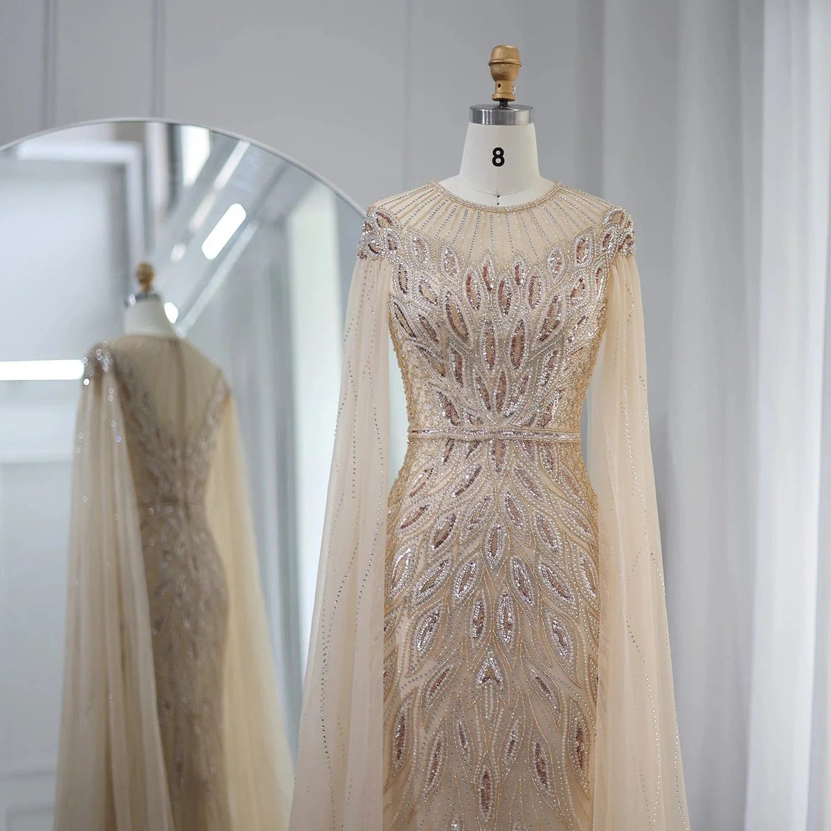 Luxury Arabic Blue Mermaid Evening Dress with Cape Sleeves Sage Green Gold Dubai Women Wedding Party Gowns SS009