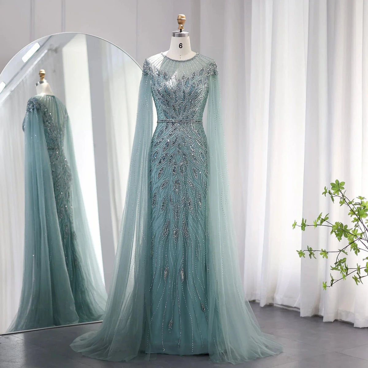 Luxury Arabic Blue Mermaid Evening Dress with Cape Sleeves Sage Green Gold Dubai Women Wedding Party Gowns SS009