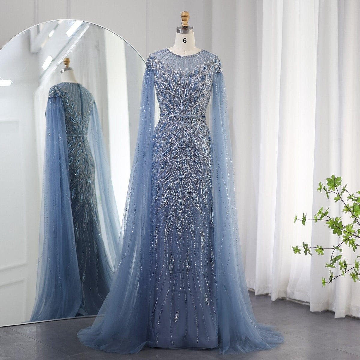 Luxury Arabic Blue Mermaid Evening Dress with Cape Sleeves Sage Green Gold Dubai Women Wedding Party Gowns SS009