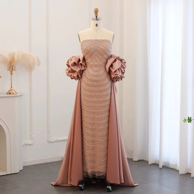 Luxury Arabic Dusty Rose Evening Dresses with Cape Dubai Elegant Strapless Midi Women Wedding Party Gowns 2024 SS492