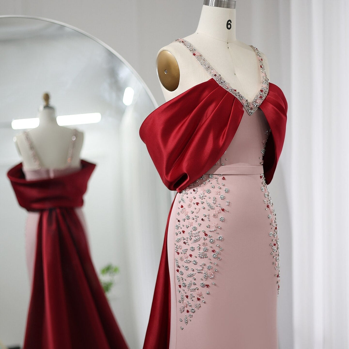 Luxury Arabic Pink Burgundy Mermaid Evening Dress with Cape Dubai Engagement Dress for Women Wedding Party SS446