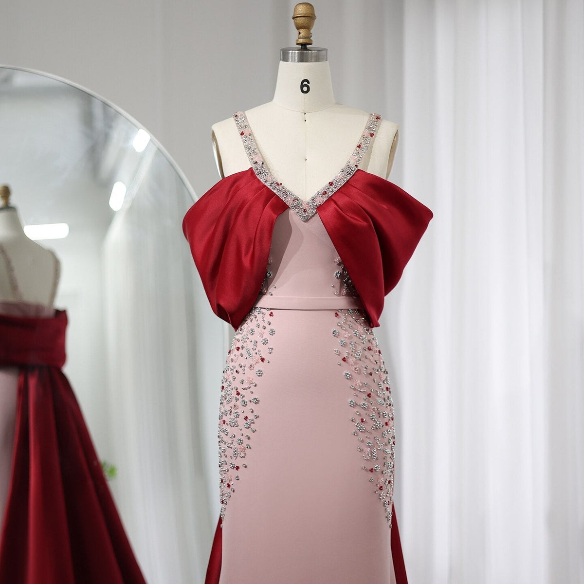 Luxury Arabic Pink Burgundy Mermaid Evening Dress with Cape Dubai Engagement Dress for Women Wedding Party SS446