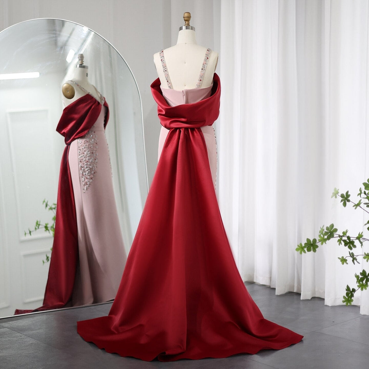 Luxury Arabic Pink Burgundy Mermaid Evening Dress with Cape Dubai Engagement Dress for Women Wedding Party SS446