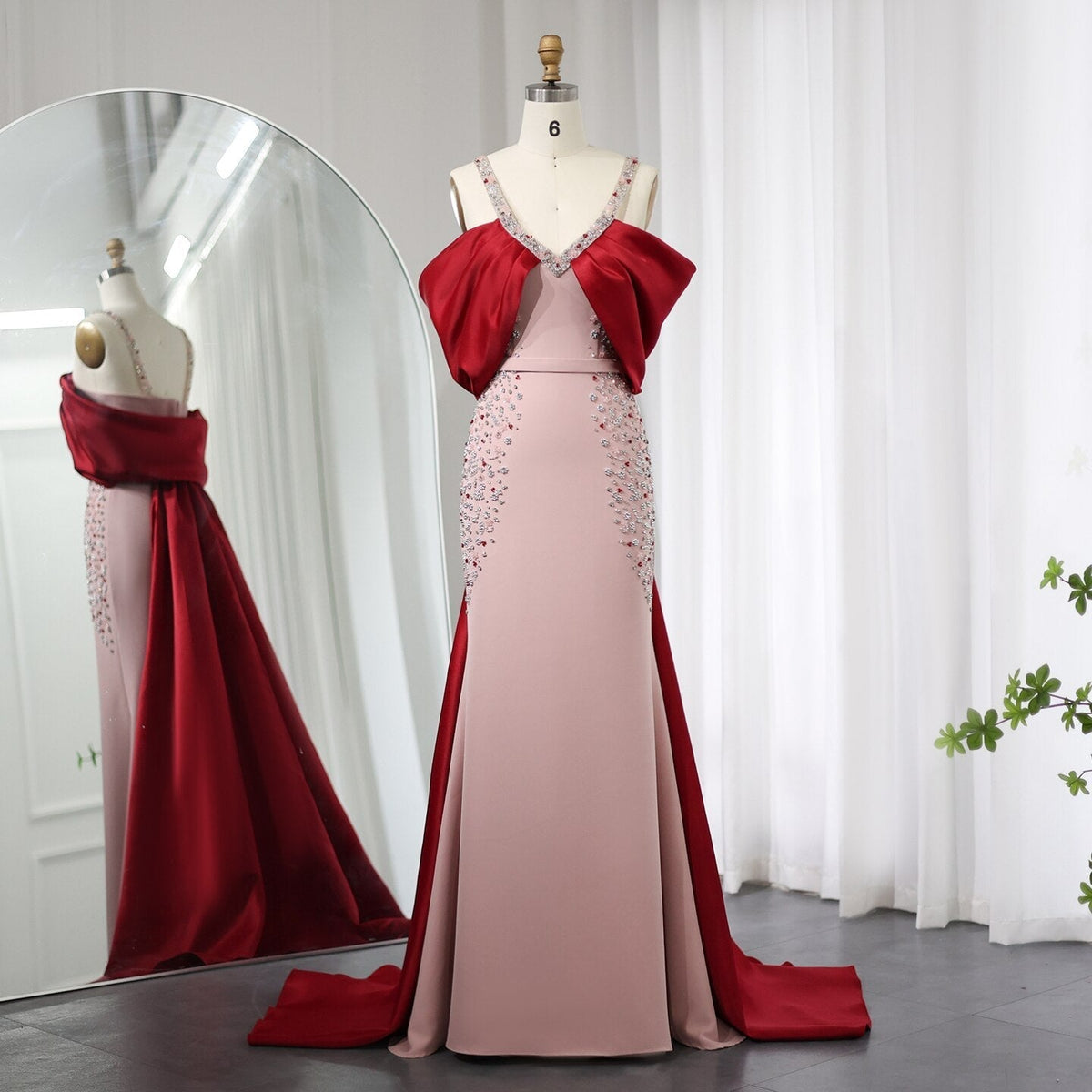 Luxury Arabic Pink Burgundy Mermaid Evening Dress with Cape Dubai Engagement Dress for Women Wedding Party SS446