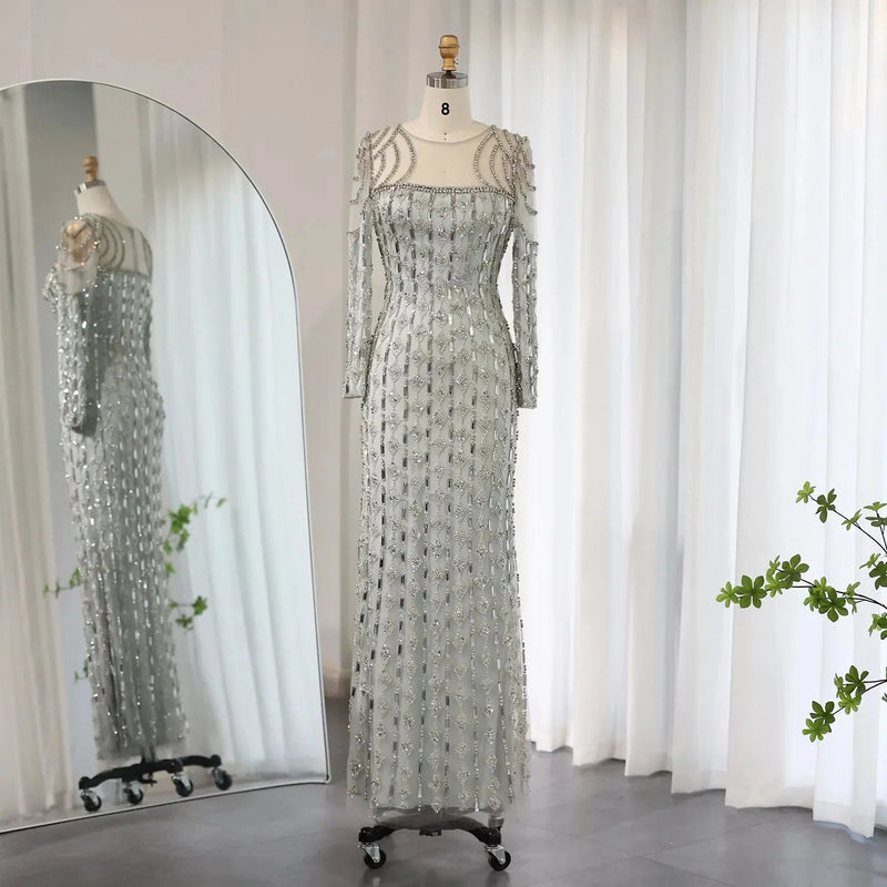 Luxury Arabic Sage Green Dubai Evening Dresses Mermaid Muslim Long Sleeves Islamic Women Wedding Party Gowns SS398