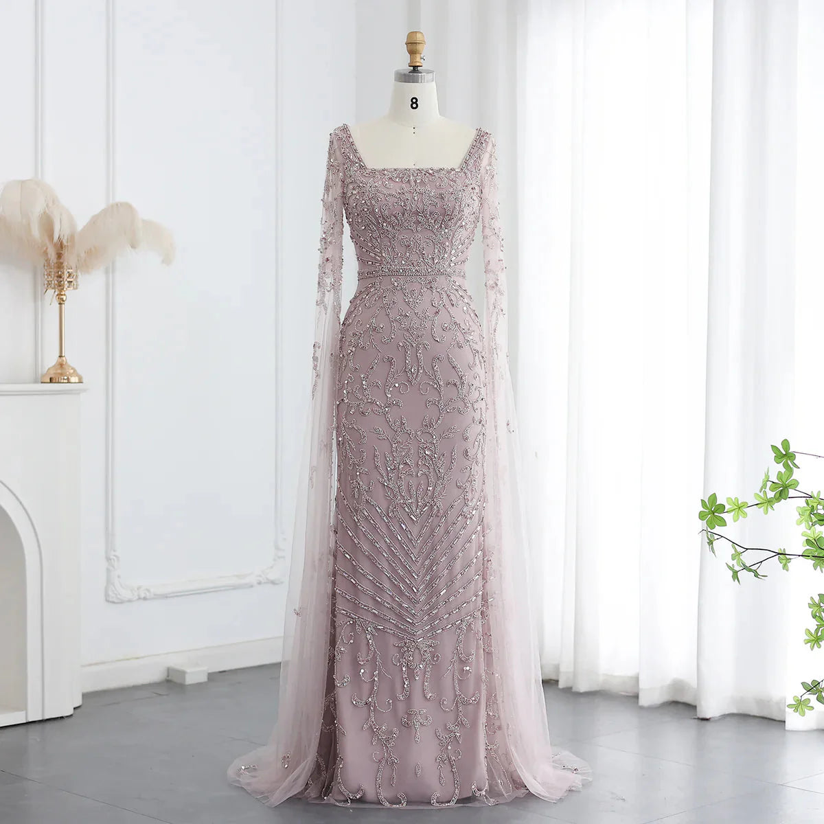 Luxury Arabic Turquoise Evening Dress with Cape Sleeves Elegant Sqaure Neck Dubai Women Wedding Party Gowns SS469