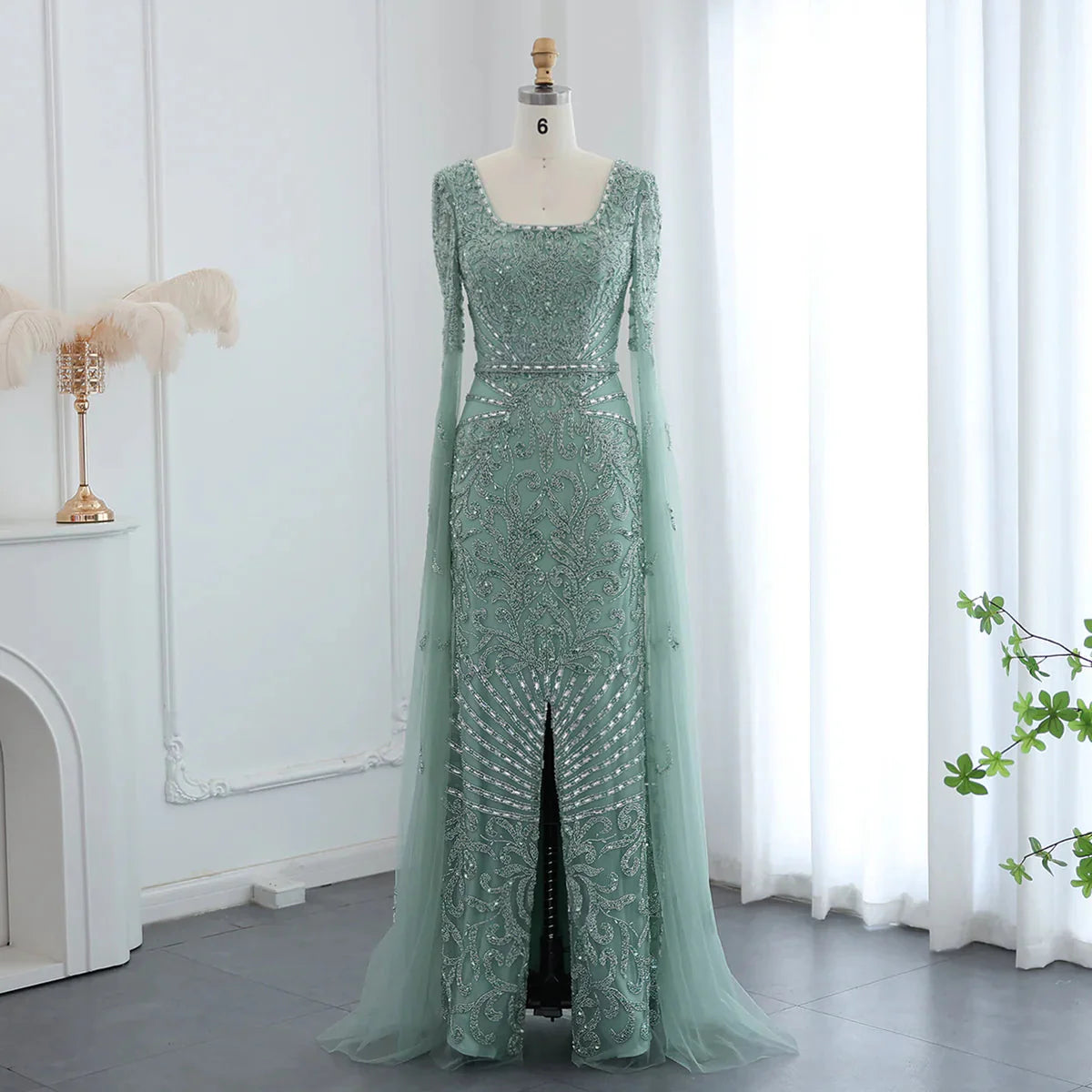 Luxury Arabic Turquoise Evening Dress with Cape Sleeves Elegant Sqaure Neck Dubai Women Wedding Party Gowns SS469