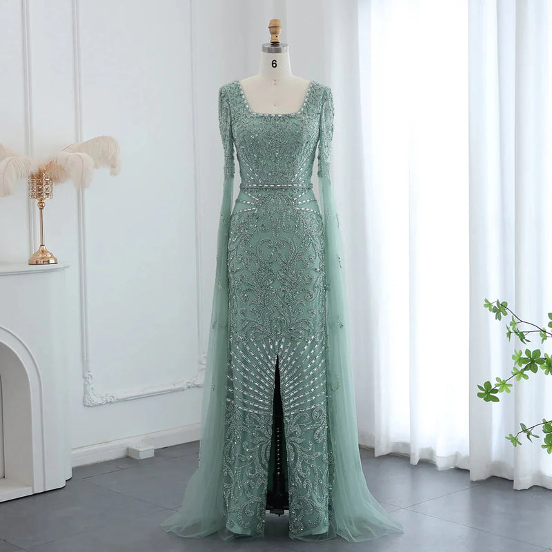 Luxury Arabic Turquoise Evening Dress with Cape Sleeves Elegant Sqaure Neck Dubai Women Wedding Party Gowns SS469