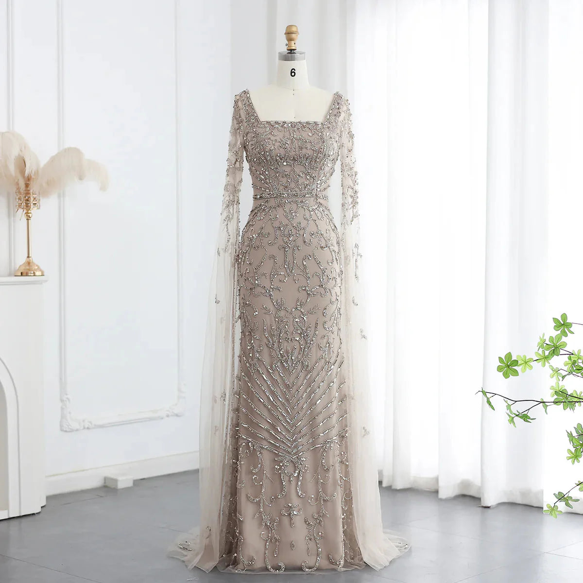 Luxury Arabic Turquoise Evening Dress with Cape Sleeves Elegant Sqaure Neck Dubai Women Wedding Party Gowns SS469