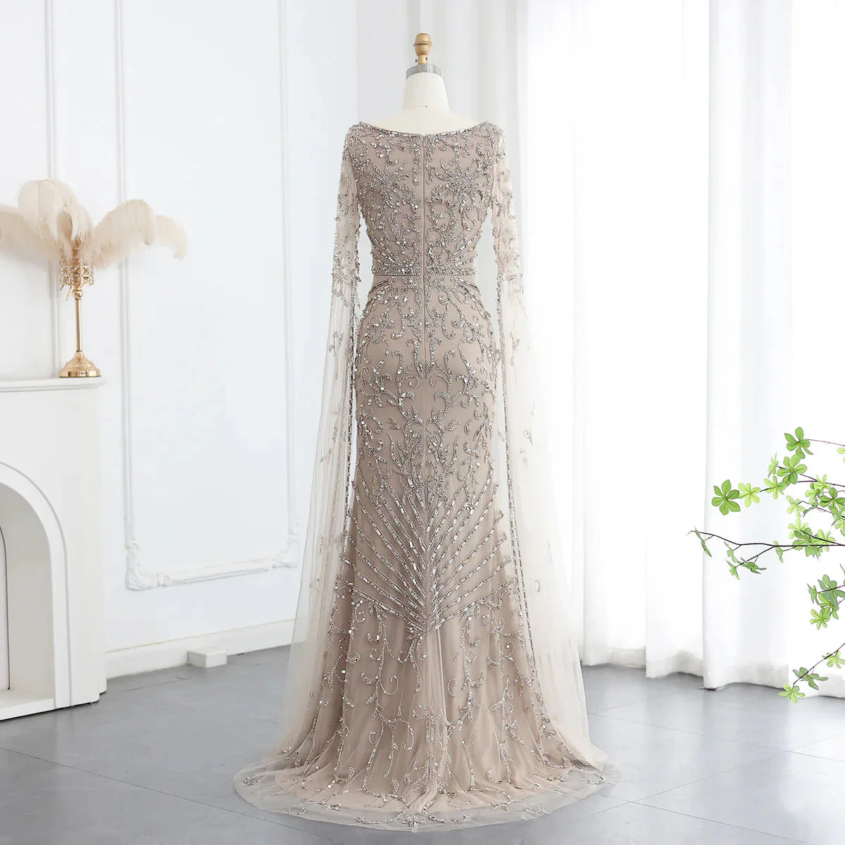 Luxury Arabic Turquoise Evening Dress with Cape Sleeves Elegant Sqaure Neck Dubai Women Wedding Party Gowns SS469