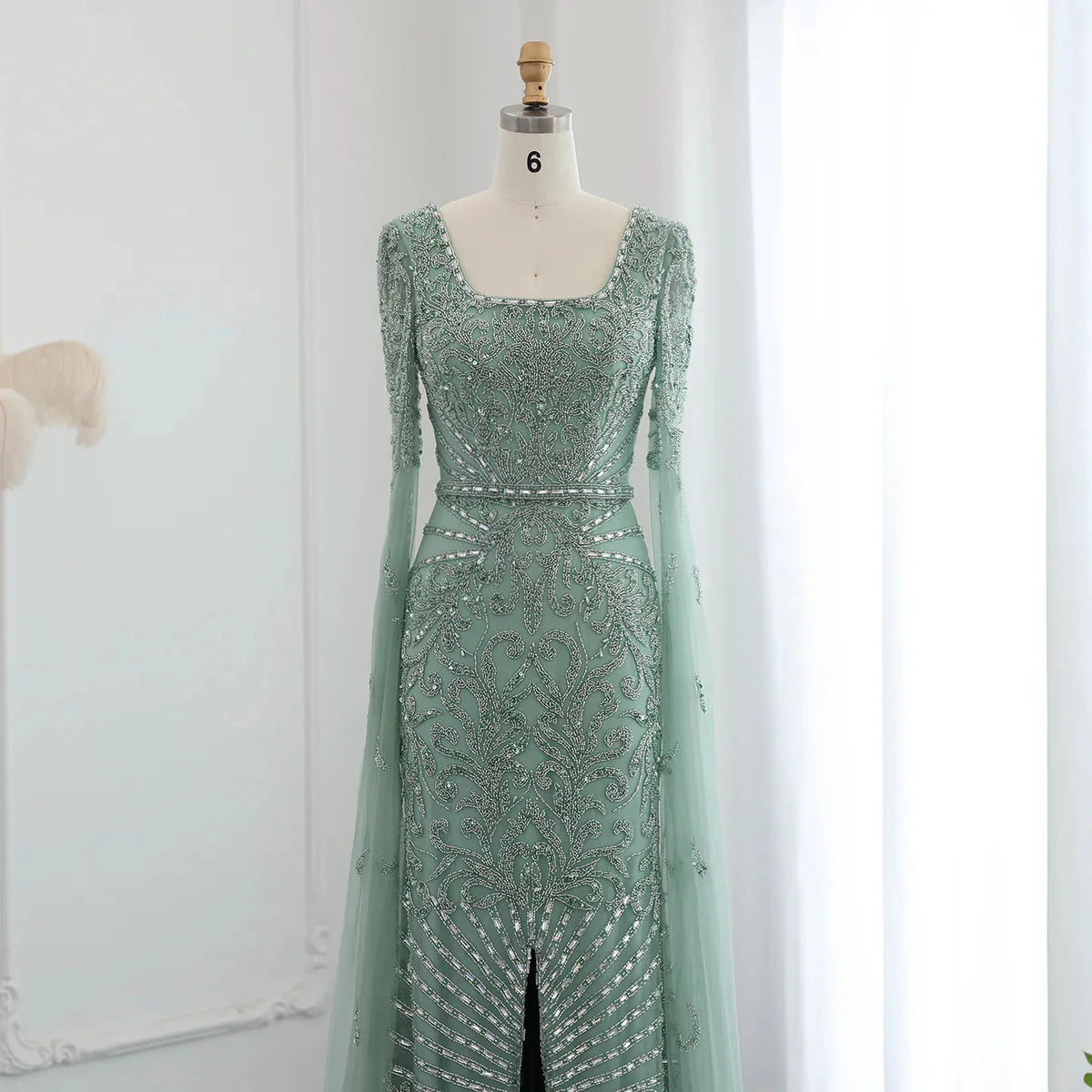 Luxury Arabic Turquoise Evening Dress with Cape Sleeves Elegant Sqaure Neck Dubai Women Wedding Party Gowns SS469