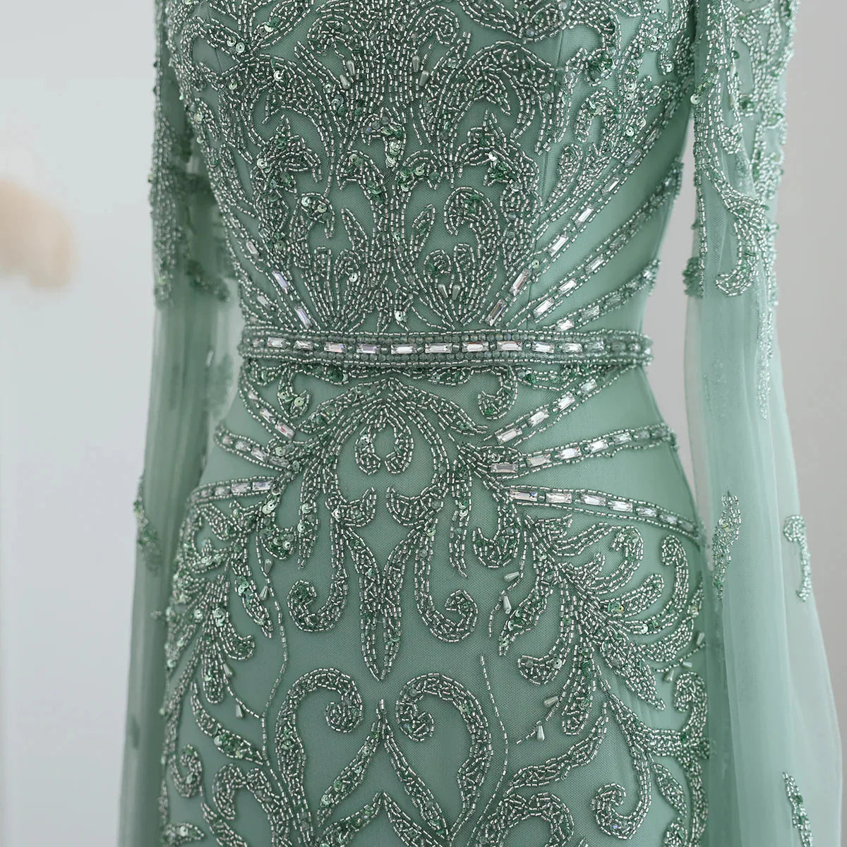 Luxury Arabic Turquoise Evening Dress with Cape Sleeves Elegant Sqaure Neck Dubai Women Wedding Party Gowns SS469