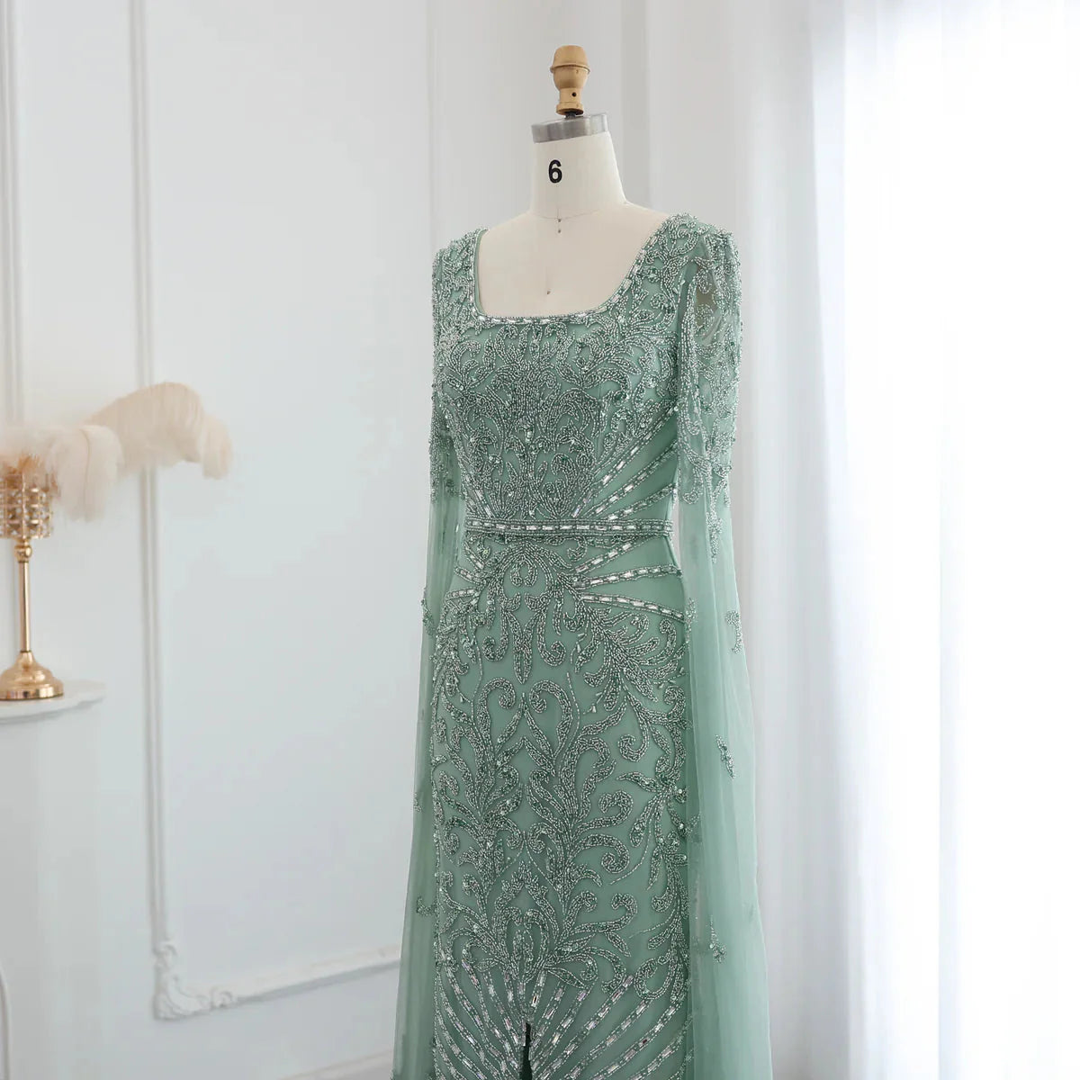 Luxury Arabic Turquoise Evening Dress with Cape Sleeves Elegant Sqaure Neck Dubai Women Wedding Party Gowns SS469