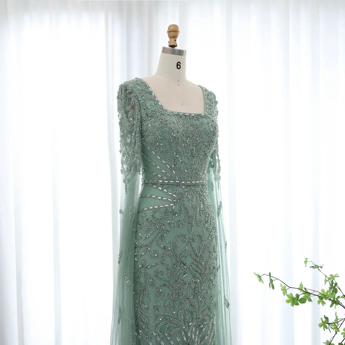 Luxury Arabic Turquoise Evening Dress with Cape Sleeves Elegant Sqaure Neck Dubai Women Wedding Party Gowns SS469