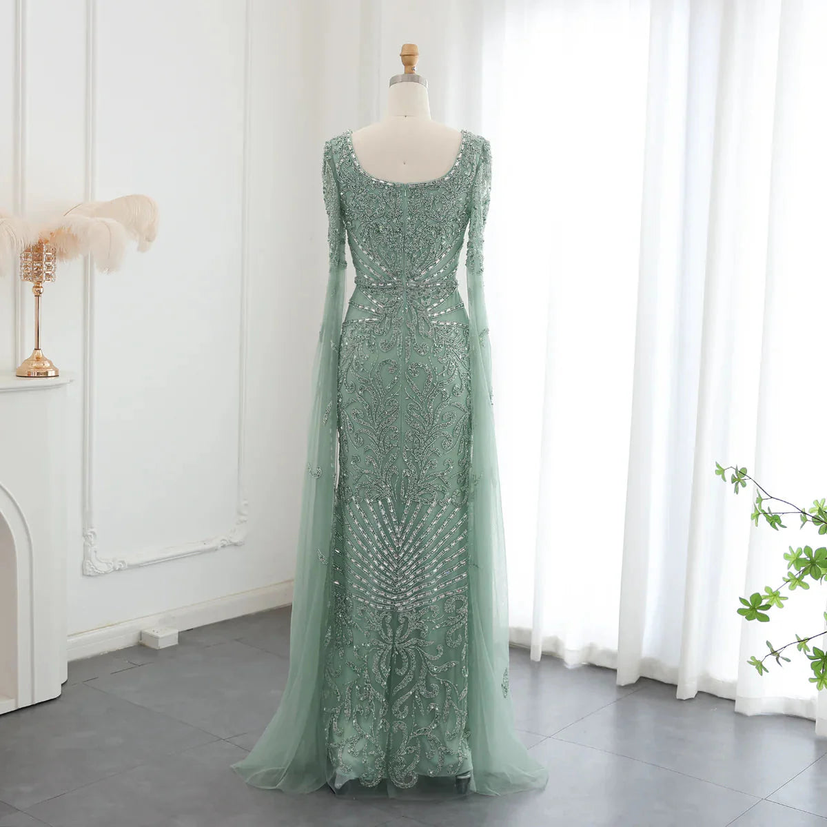 Luxury Arabic Turquoise Evening Dress with Cape Sleeves Elegant Sqaure Neck Dubai Women Wedding Party Gowns SS469
