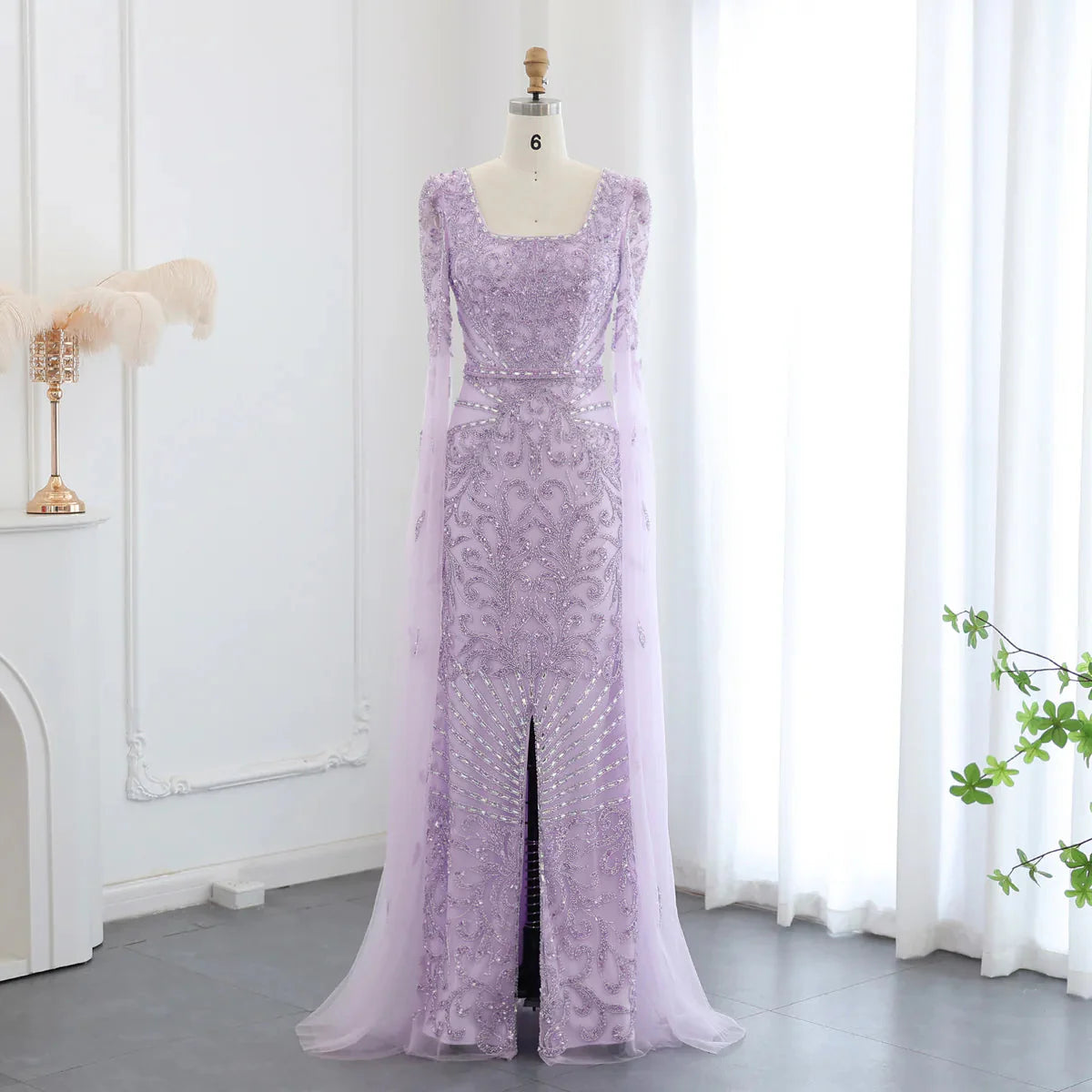 Luxury Arabic Turquoise Evening Dress with Cape Sleeves Elegant Sqaure Neck Dubai Women Wedding Party Gowns SS469