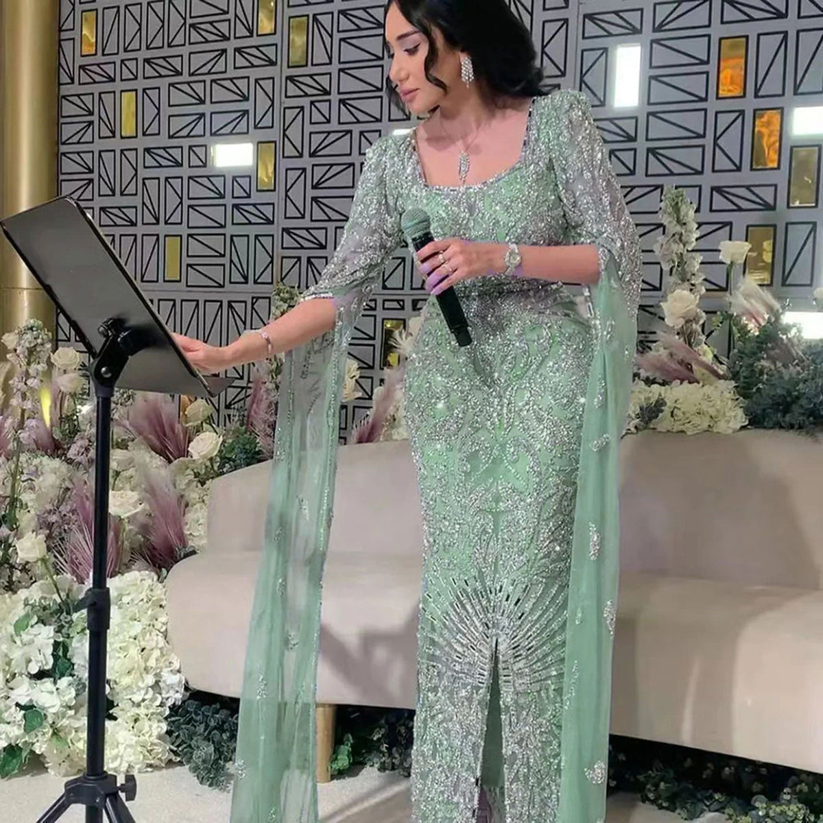 Luxury Arabic Turquoise Evening Dress with Cape Sleeves Elegant Sqaure Neck Dubai Women Wedding Party Gowns SS469