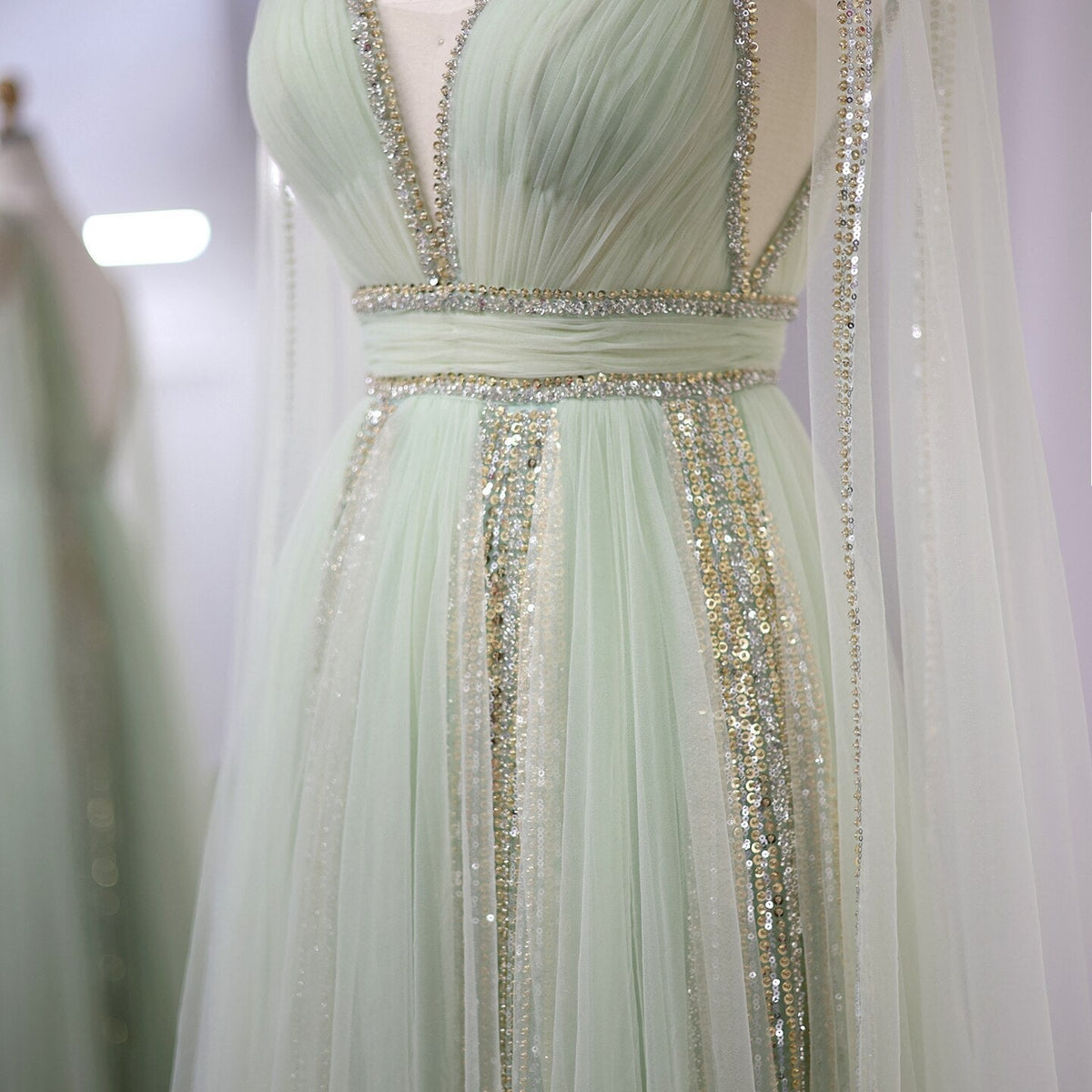 Luxury Arabic Women Pink Evening Dress with Cape Sleeves Elegant Sage Green Yellow Dubai Wedding Party Gowns SS010