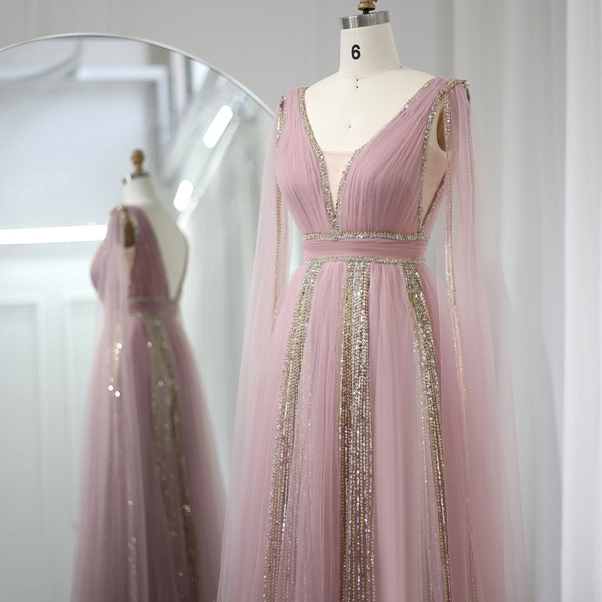 Luxury Arabic Women Pink Evening Dress with Cape Sleeves Elegant Sage Green Yellow Dubai Wedding Party Gowns SS010