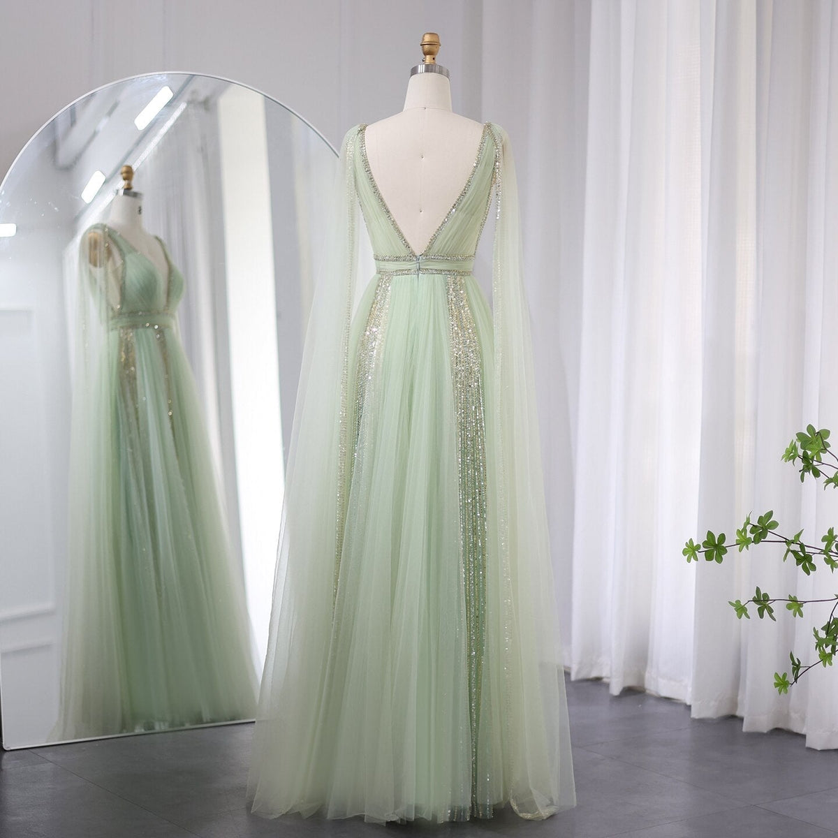 Luxury Arabic Women Pink Evening Dress with Cape Sleeves Elegant Sage Green Yellow Dubai Wedding Party Gowns SS010