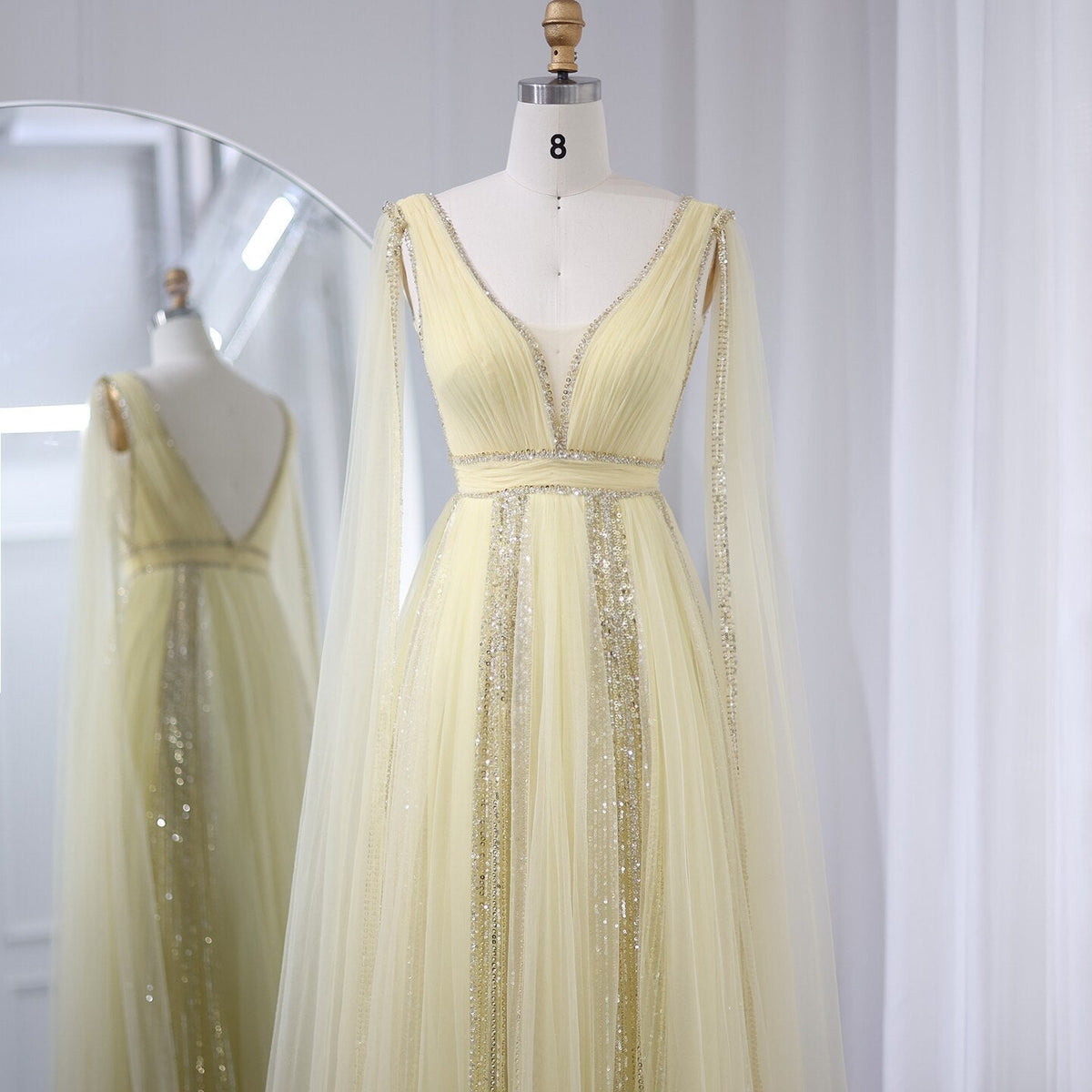 Luxury Arabic Women Pink Evening Dress with Cape Sleeves Elegant Sage Green Yellow Dubai Wedding Party Gowns SS010