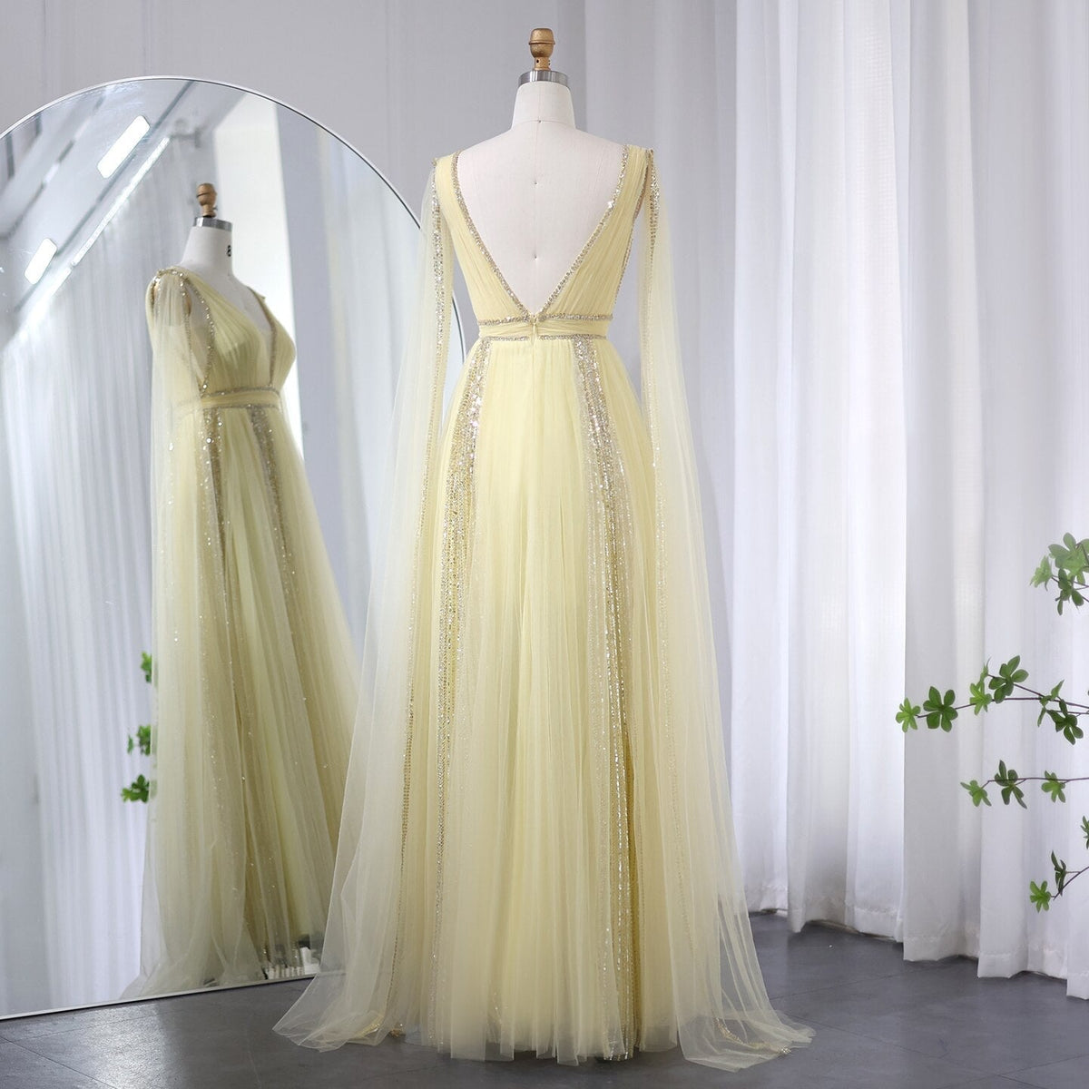 Luxury Arabic Women Pink Evening Dress with Cape Sleeves Elegant Sage Green Yellow Dubai Wedding Party Gowns SS010