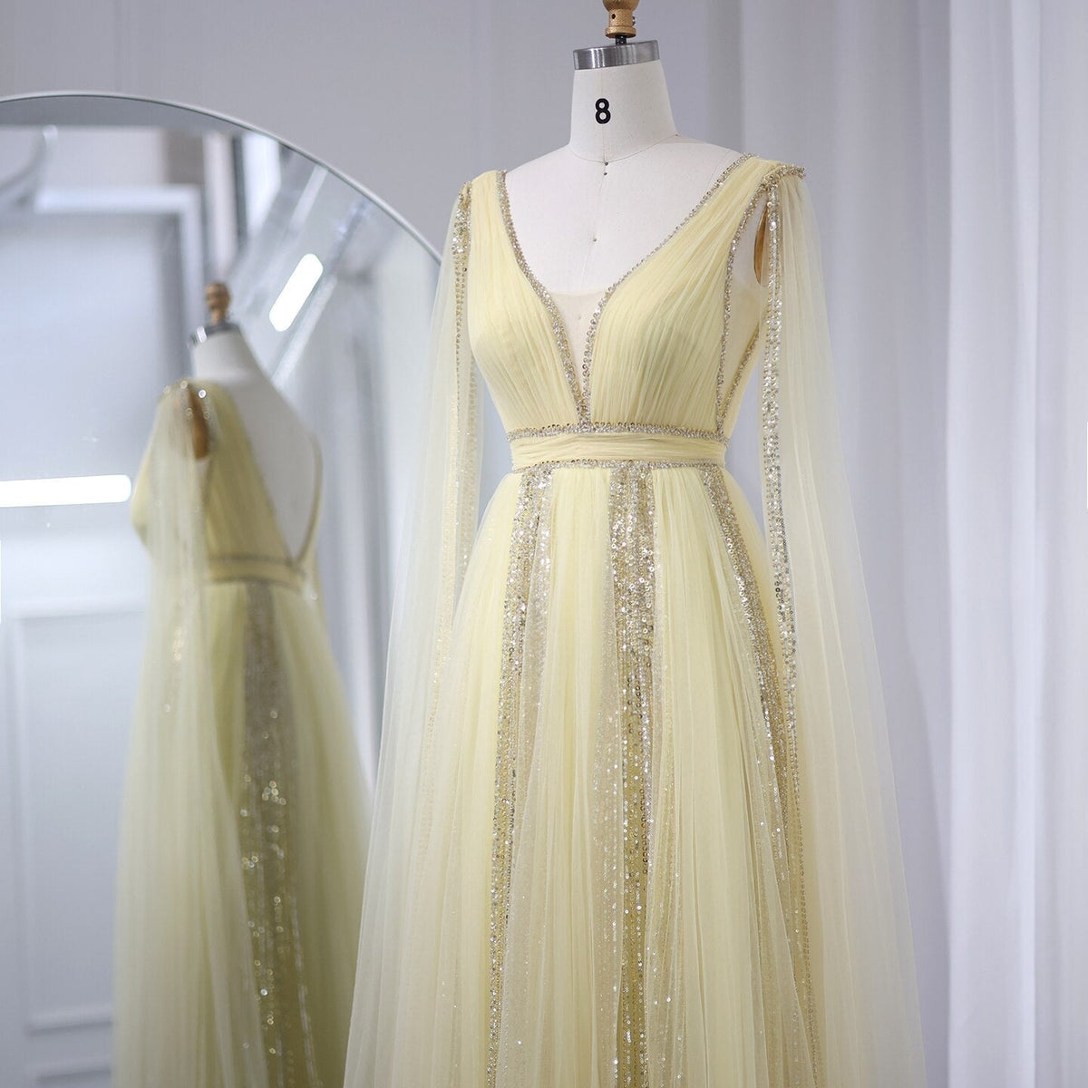 Luxury Arabic Women Pink Evening Dress with Cape Sleeves Elegant Sage Green Yellow Dubai Wedding Party Gowns SS010