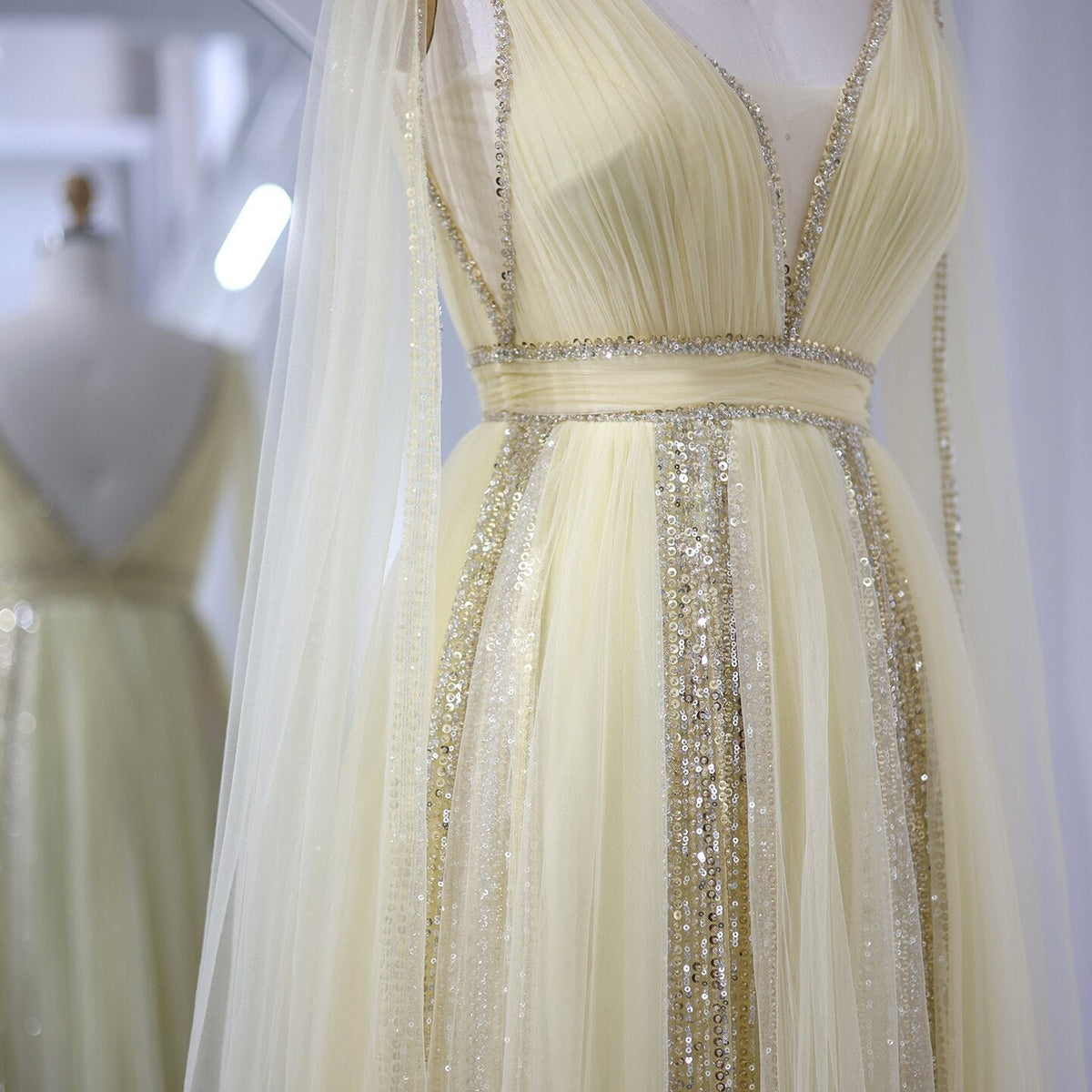 Luxury Arabic Women Pink Evening Dress with Cape Sleeves Elegant Sage Green Yellow Dubai Wedding Party Gowns SS010
