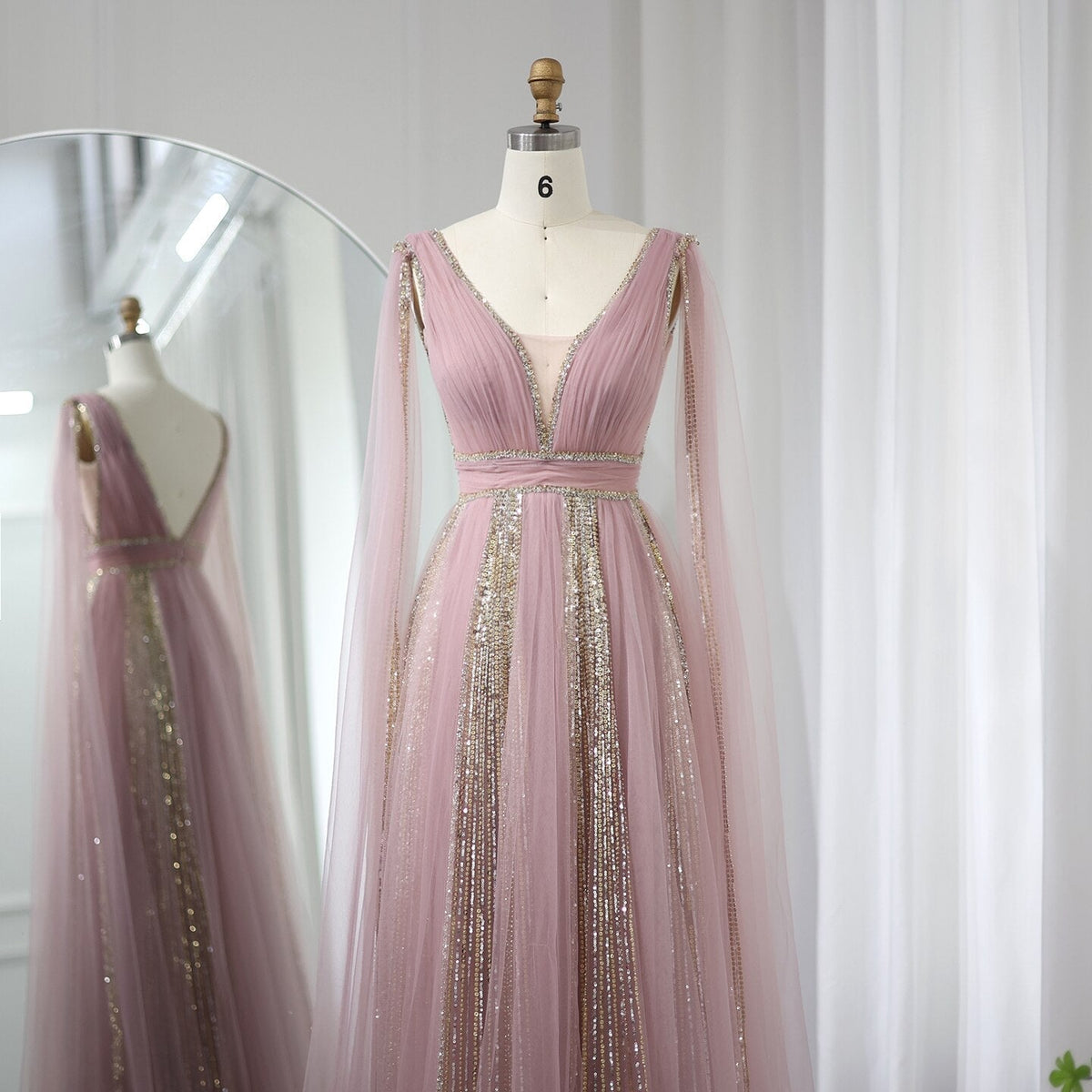 Luxury Arabic Women Pink Evening Dress with Cape Sleeves Elegant Sage Green Yellow Dubai Wedding Party Gowns SS010