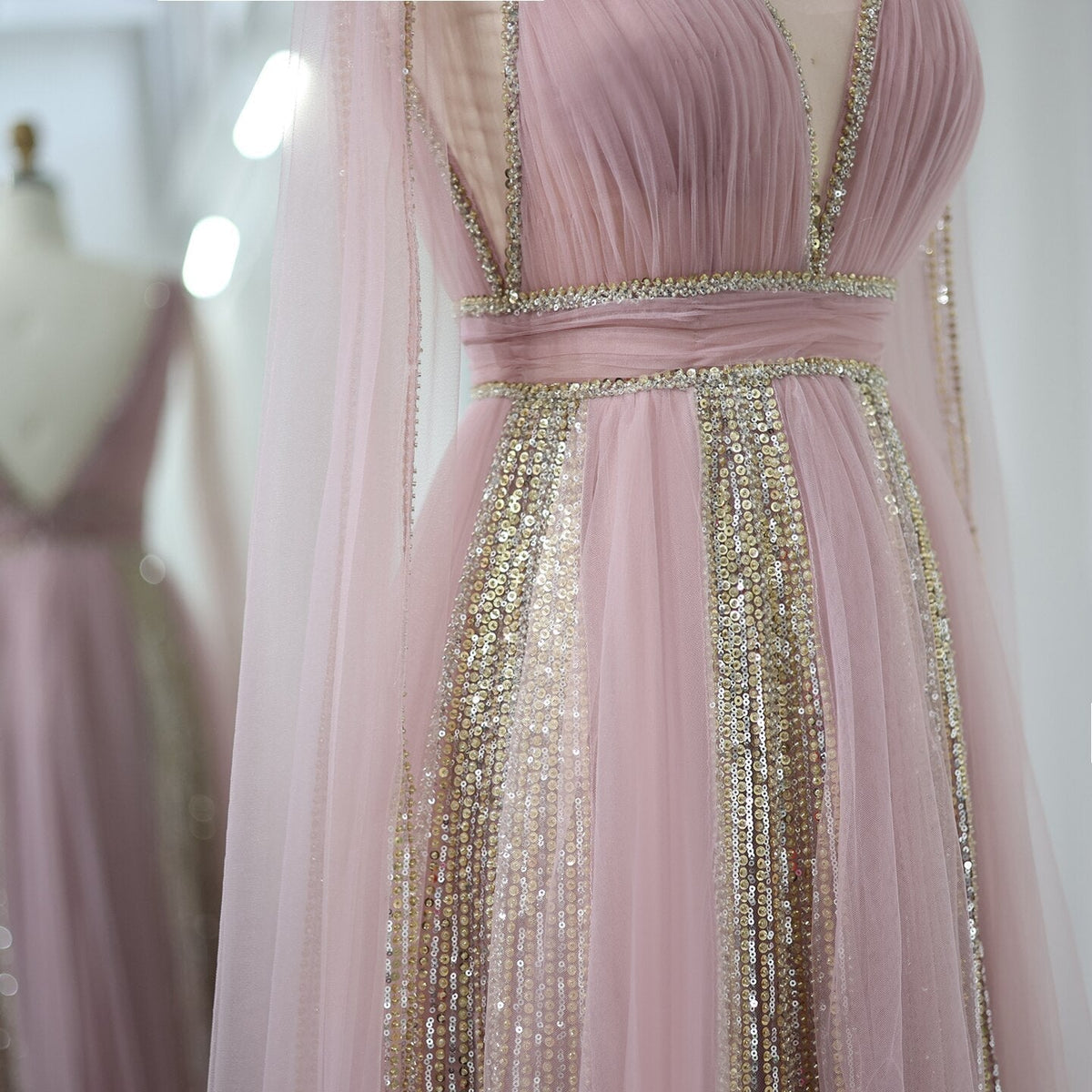 Luxury Arabic Women Pink Evening Dress with Cape Sleeves Elegant Sage Green Yellow Dubai Wedding Party Gowns SS010