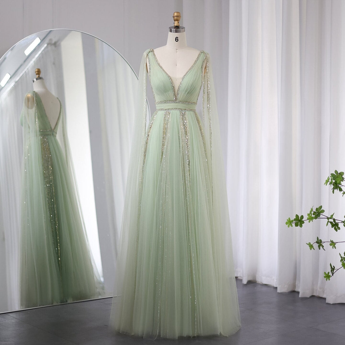 Luxury Arabic Women Pink Evening Dress with Cape Sleeves Elegant Sage Green Yellow Dubai Wedding Party Gowns SS010