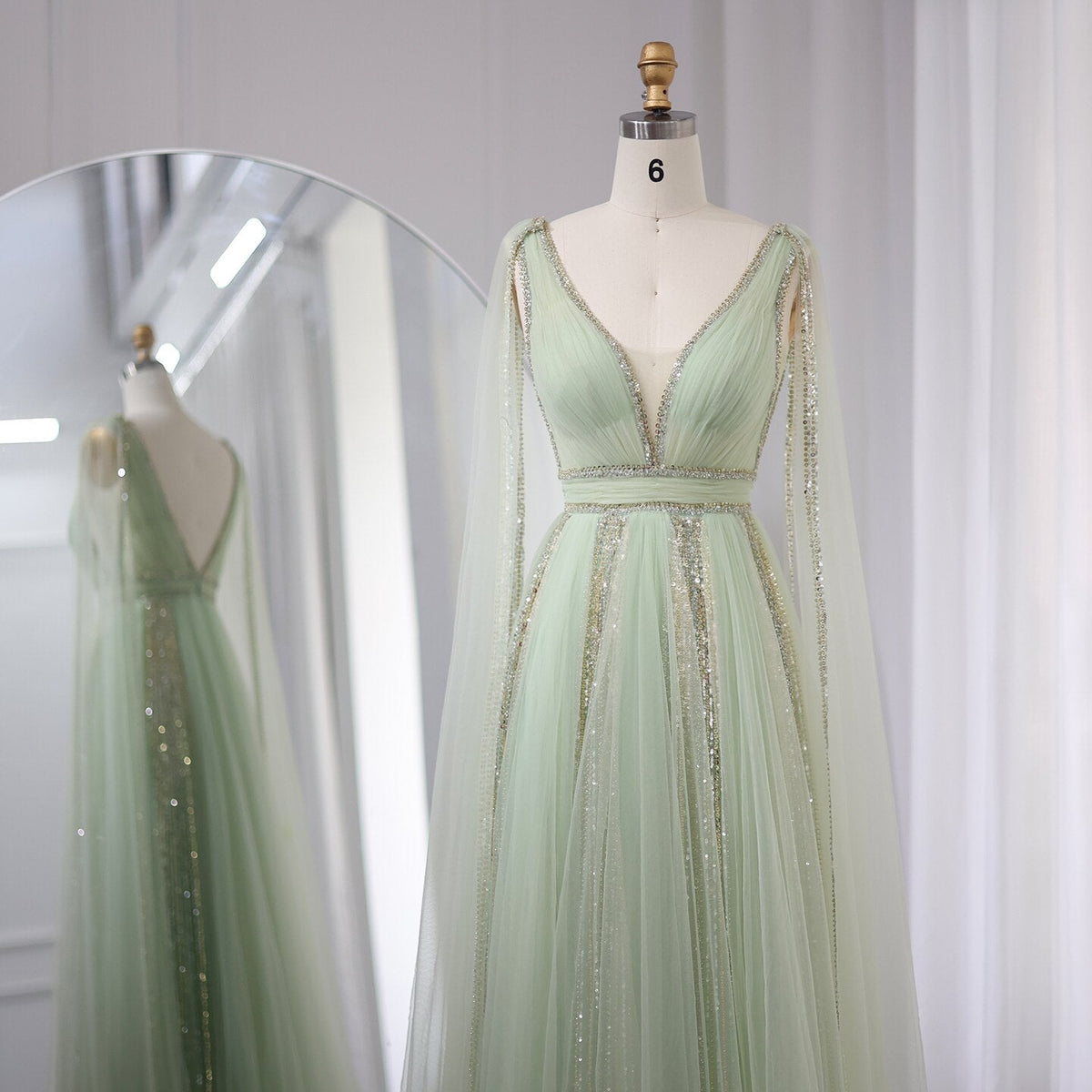 Luxury Arabic Women Pink Evening Dress with Cape Sleeves Elegant Sage Green Yellow Dubai Wedding Party Gowns SS010