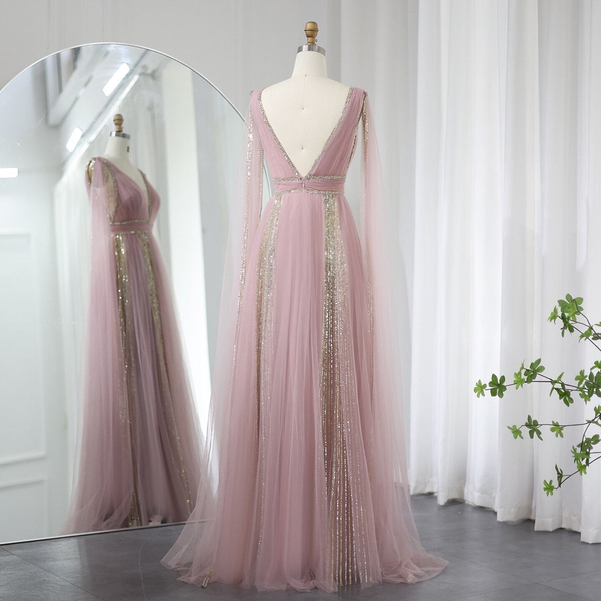 Luxury Arabic Women Pink Evening Dress with Cape Sleeves Elegant Sage Green Yellow Dubai Wedding Party Gowns SS010