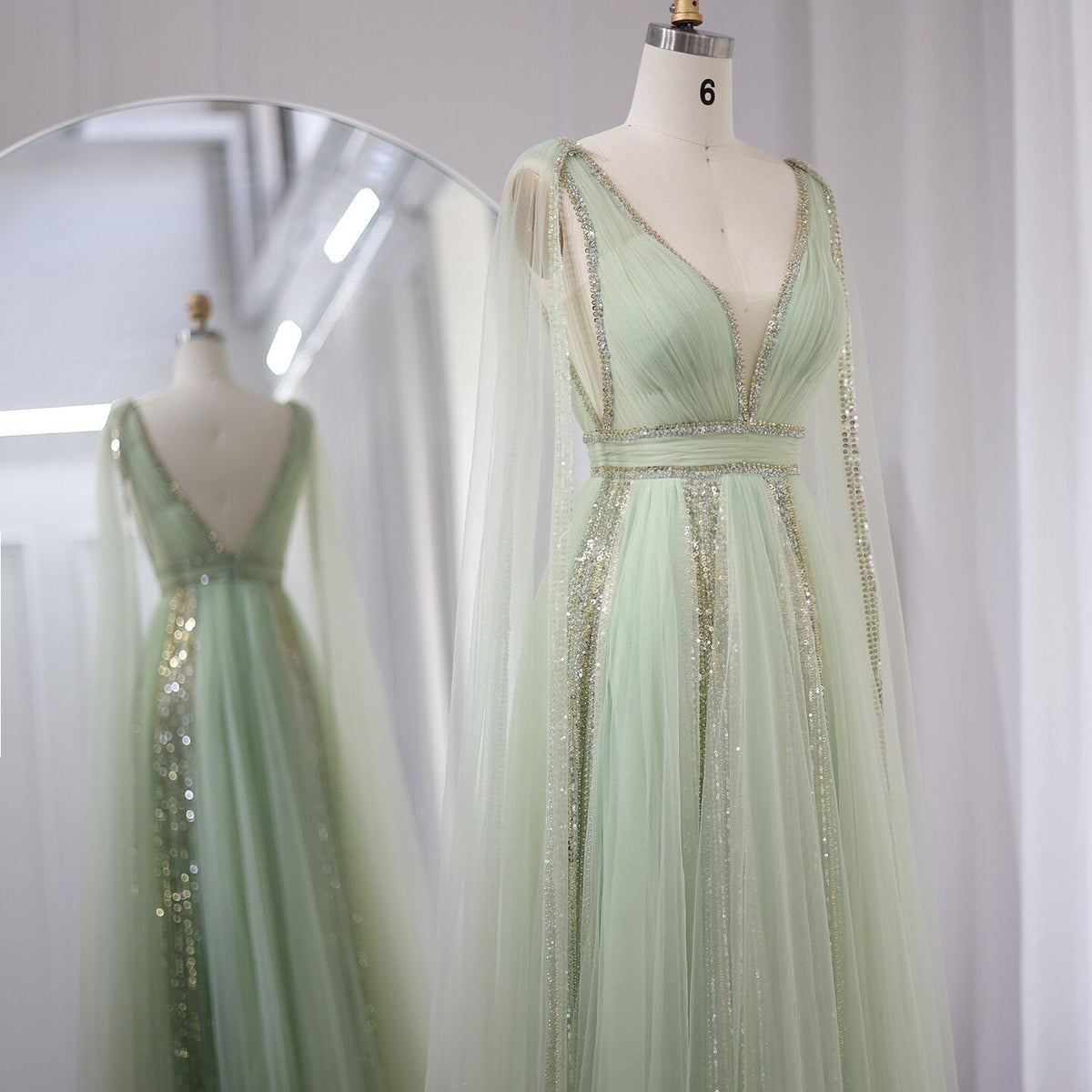 Luxury Arabic Women Pink Evening Dress with Cape Sleeves Elegant Sage Green Yellow Dubai Wedding Party Gowns SS010