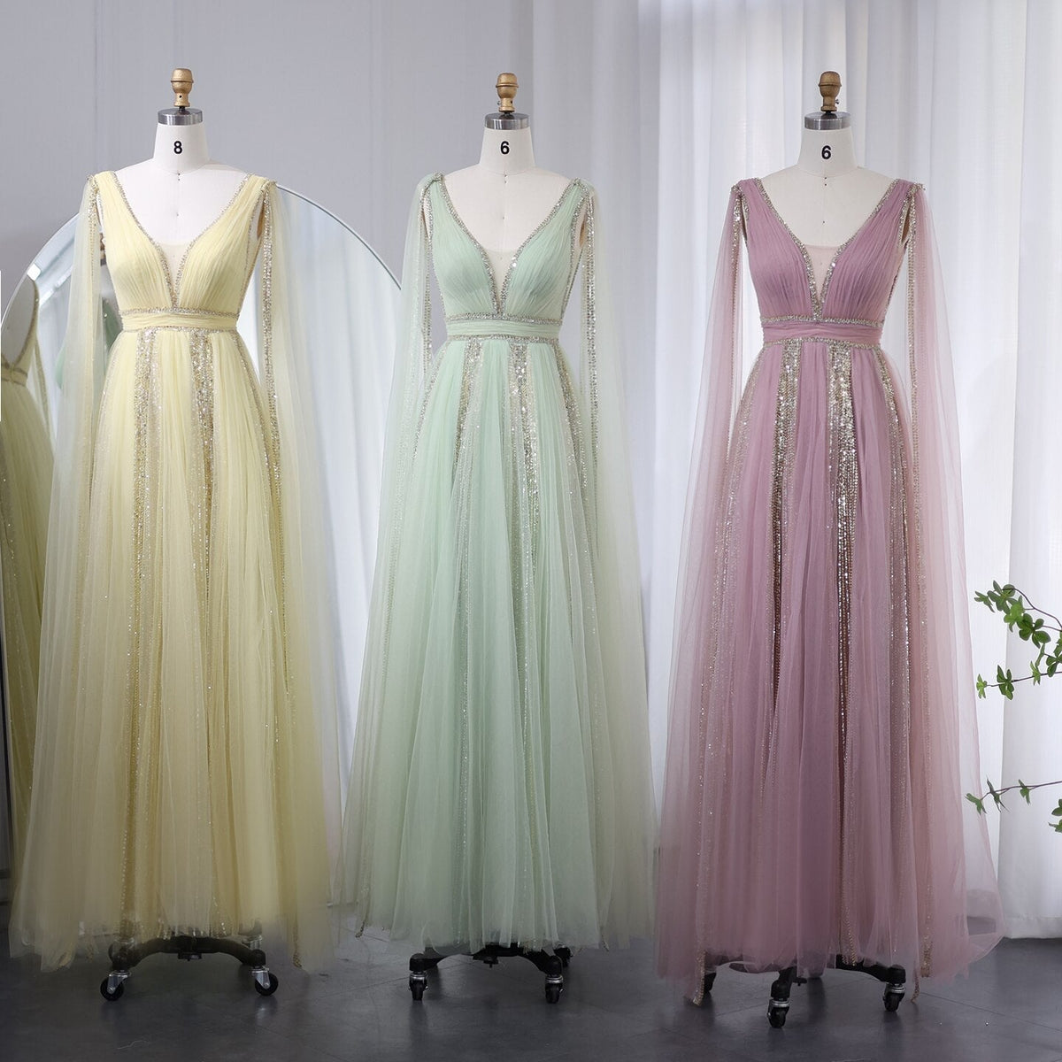 Luxury Arabic Women Pink Evening Dress with Cape Sleeves Elegant Sage Green Yellow Dubai Wedding Party Gowns SS010
