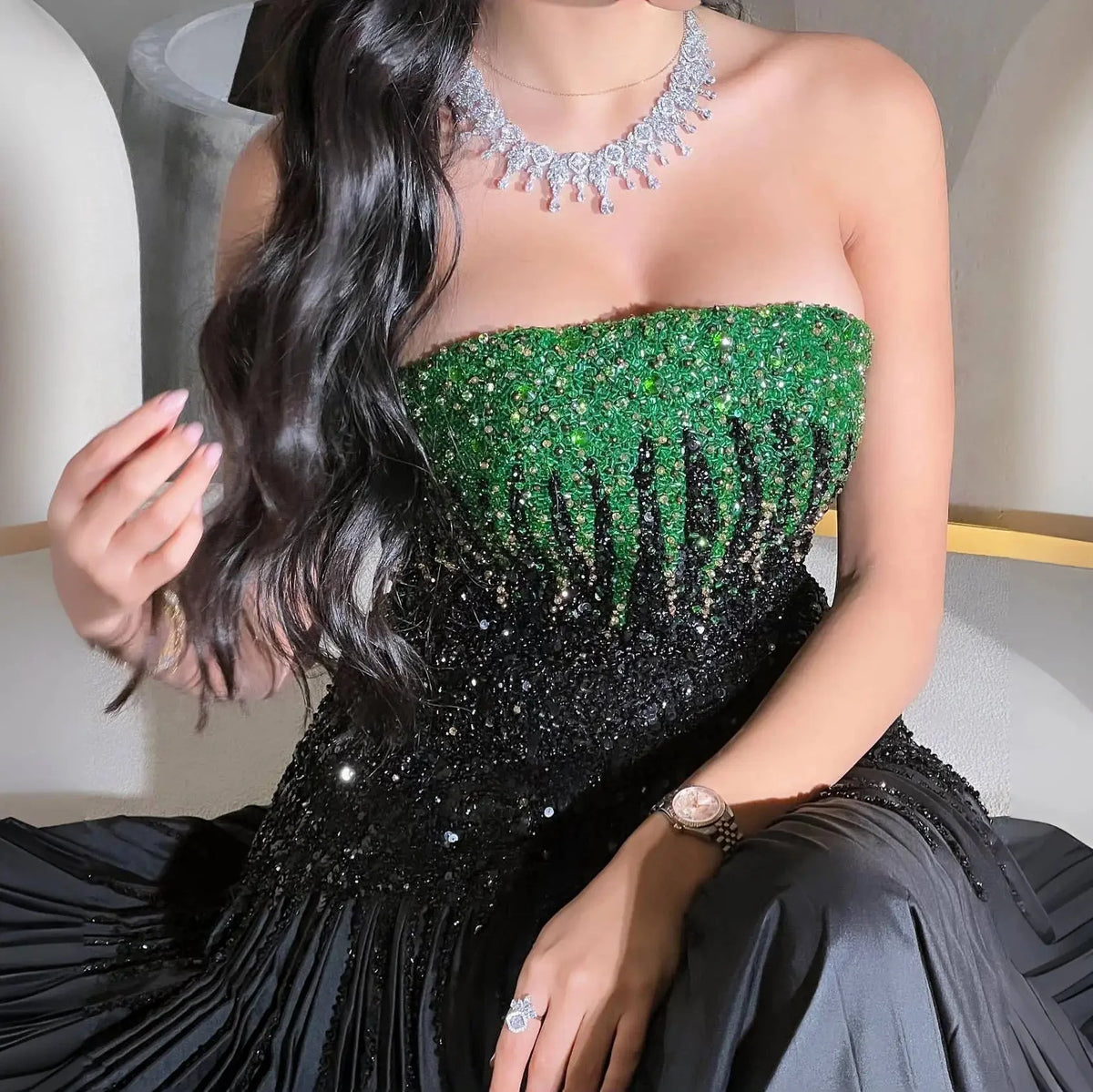 Luxury Beaded Black Green Strapless Dubai Evening Dress for Women Wedding 2024 Elegant Midi Formal Party Gowns SS224