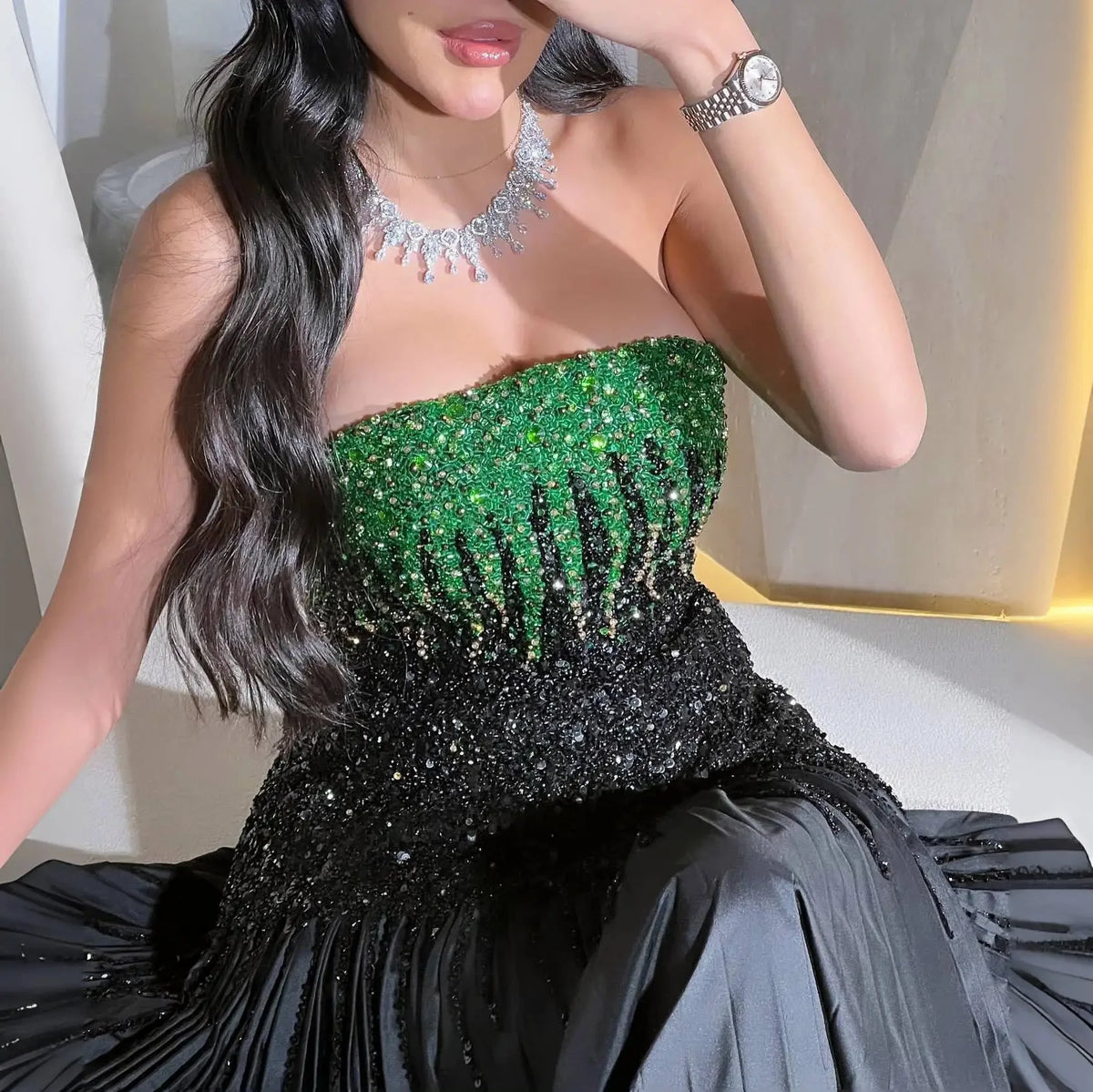 Luxury Beaded Black Green Strapless Dubai Evening Dress for Women Wedding 2024 Elegant Midi Formal Party Gowns SS224
