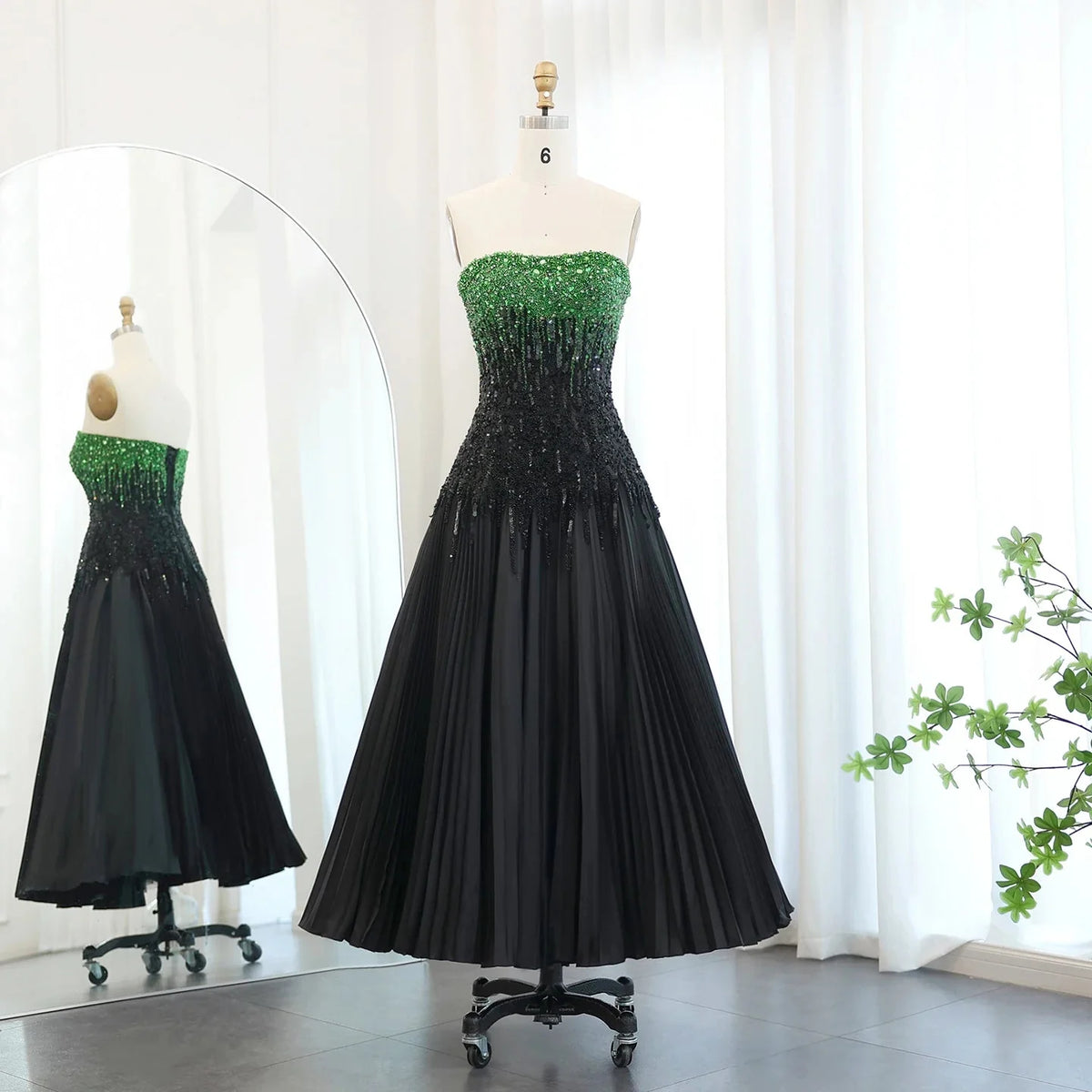 Luxury Beaded Black Green Strapless Dubai Evening Dress for Women Wedding 2024 Elegant Midi Formal Party Gowns SS224
