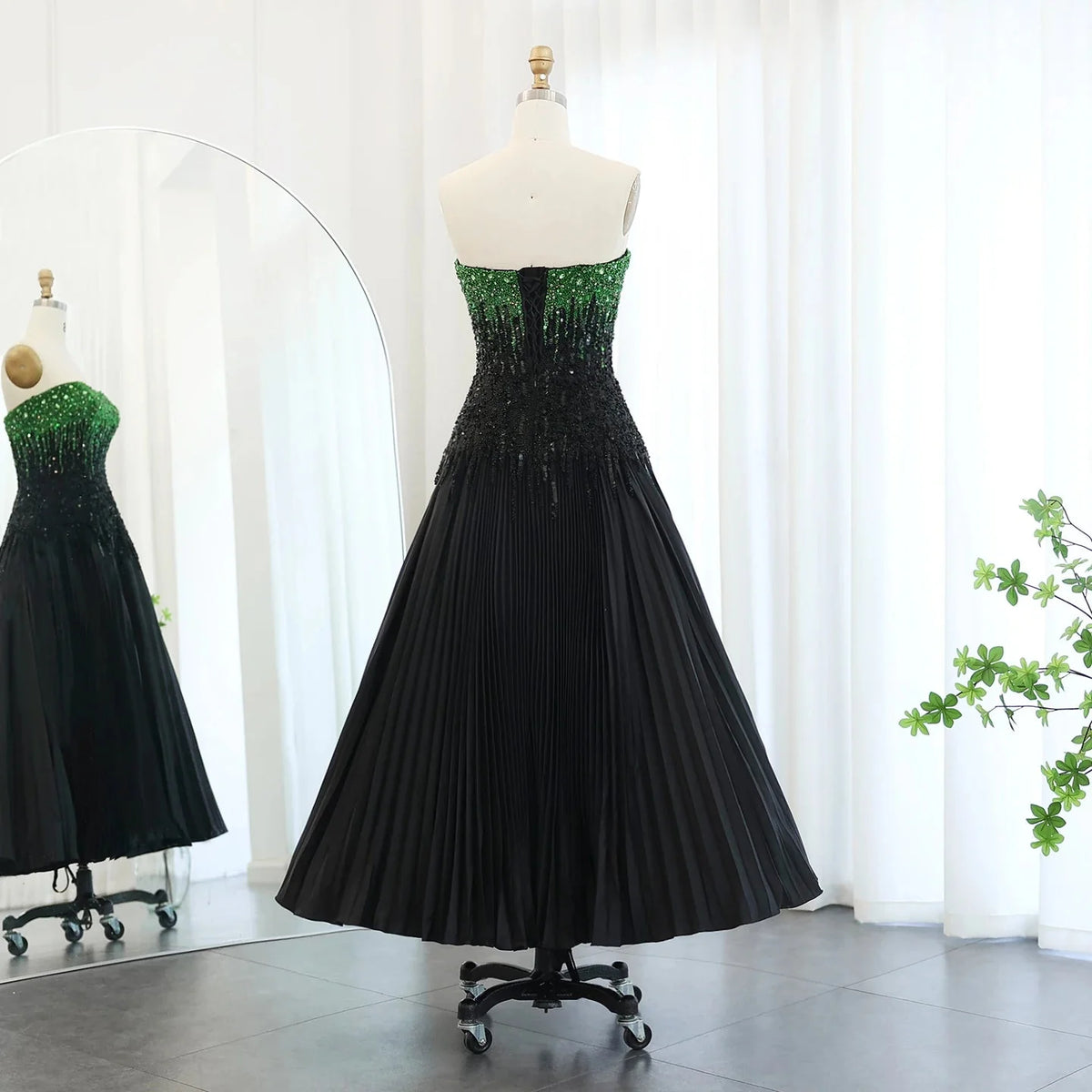 Luxury Beaded Black Green Strapless Dubai Evening Dress for Women Wedding 2024 Elegant Midi Formal Party Gowns SS224