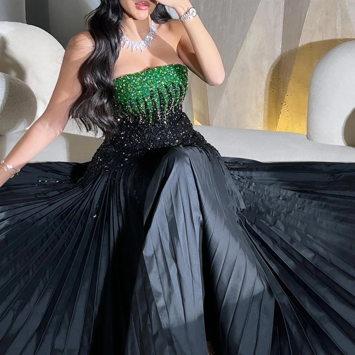 Luxury Beaded Black Green Strapless Dubai Evening Dress for Women Wedding 2024 Elegant Midi Formal Party Gowns SS224