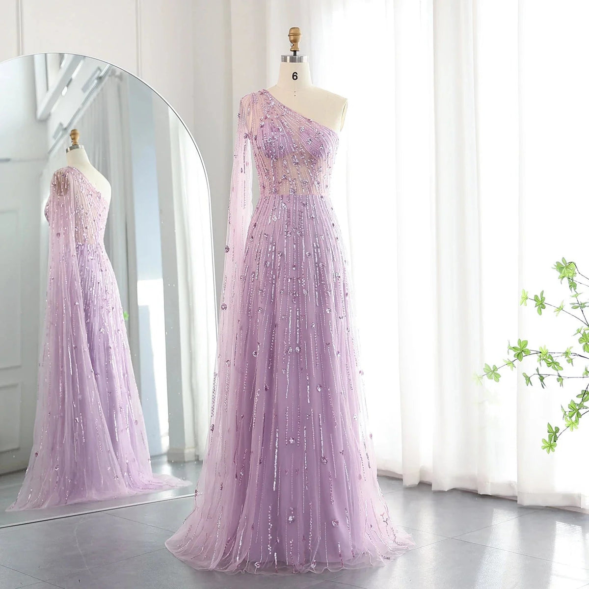 Luxury Beaded Black One Shoulder Evening Dresses with Cape Sleeve Sage Green Lilac Women Wedding Party Gowns SS182