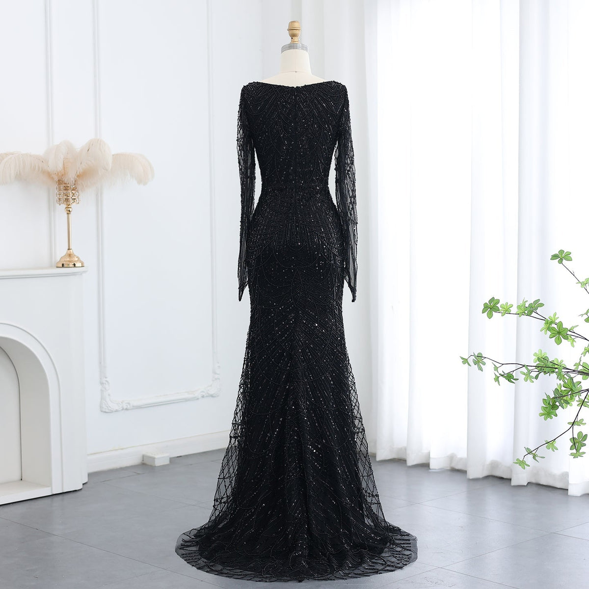 Luxury Beaded Champagne Long Sleeves Mermaid Evening Dress SS114