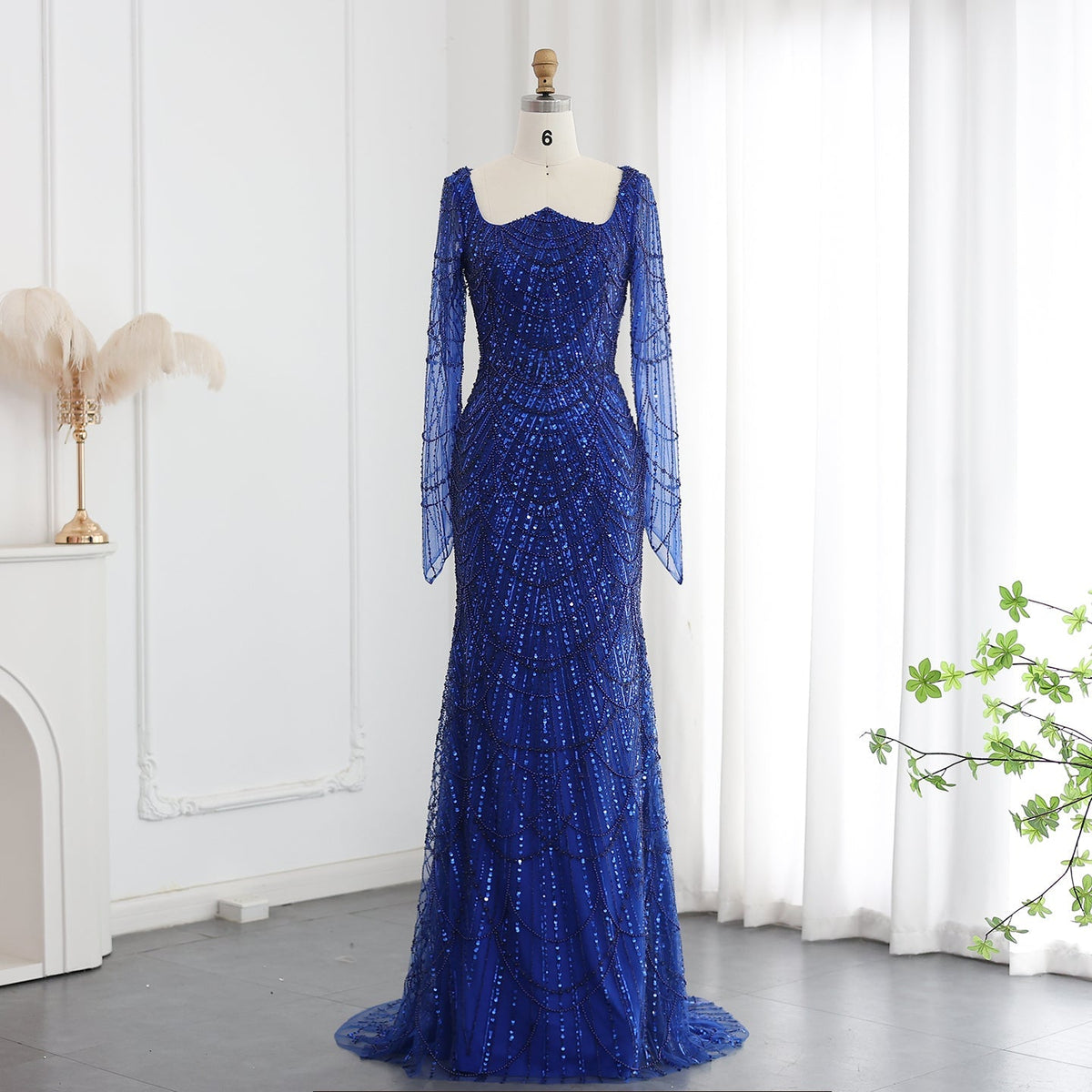 Luxury Beaded Champagne Long Sleeves Mermaid Evening Dress SS114